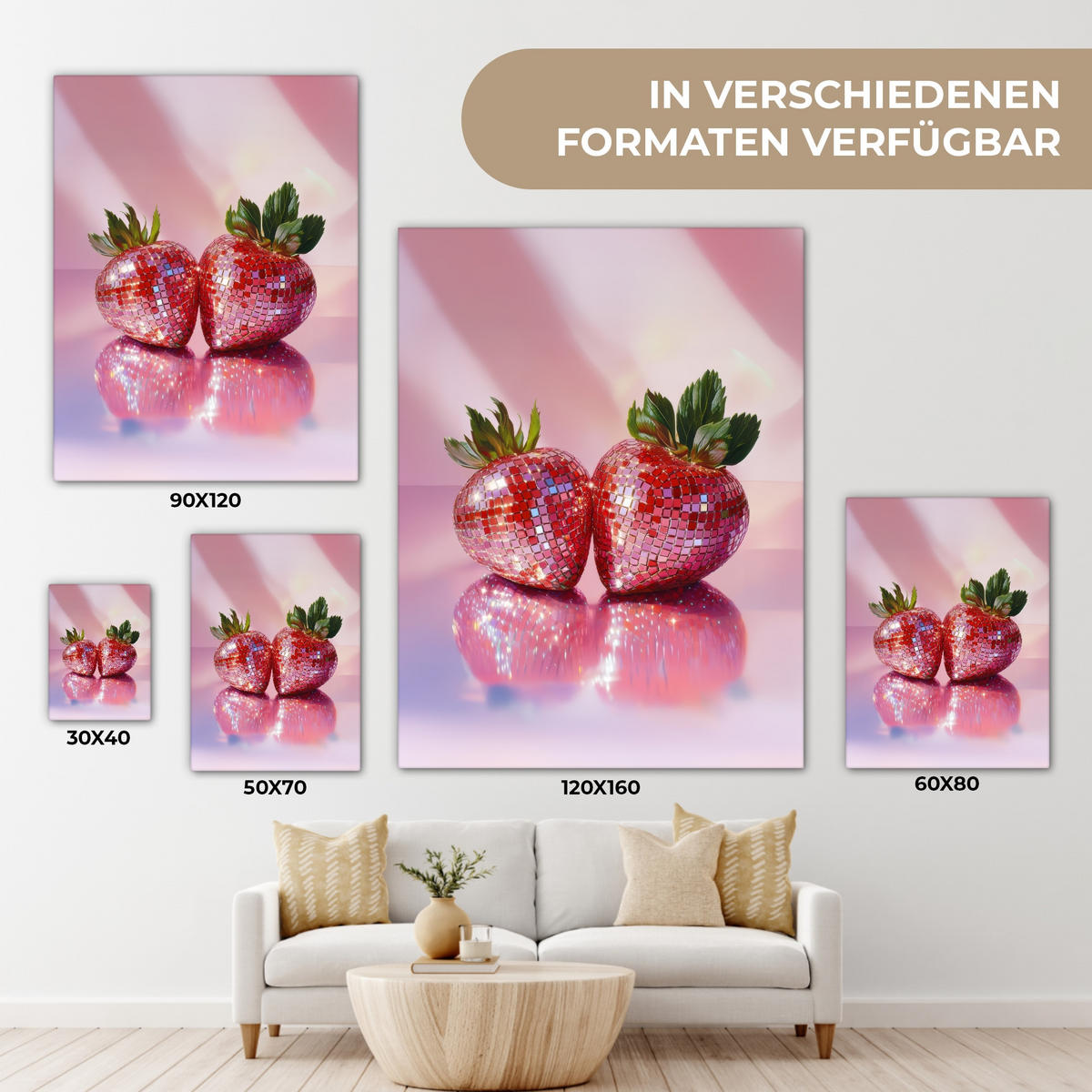 LEINWANDBILD Disco - Obst - Glitzer - Erdbeere 60x80 cm - Pink, Textil (60/80cm) - MuchoWow