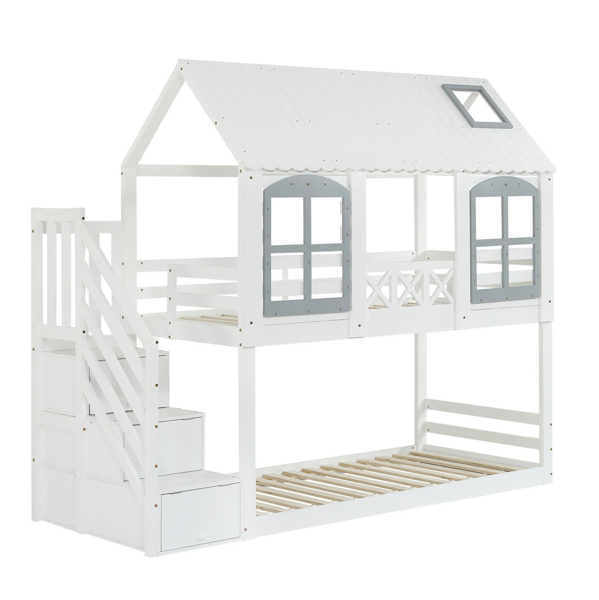 ETAGENBETT mit Dach und Fenstern, Weiß+Grau, 90/200 cm, Stauraumtreppe - Weiß, Holz (90/200cm) - MIVRAY