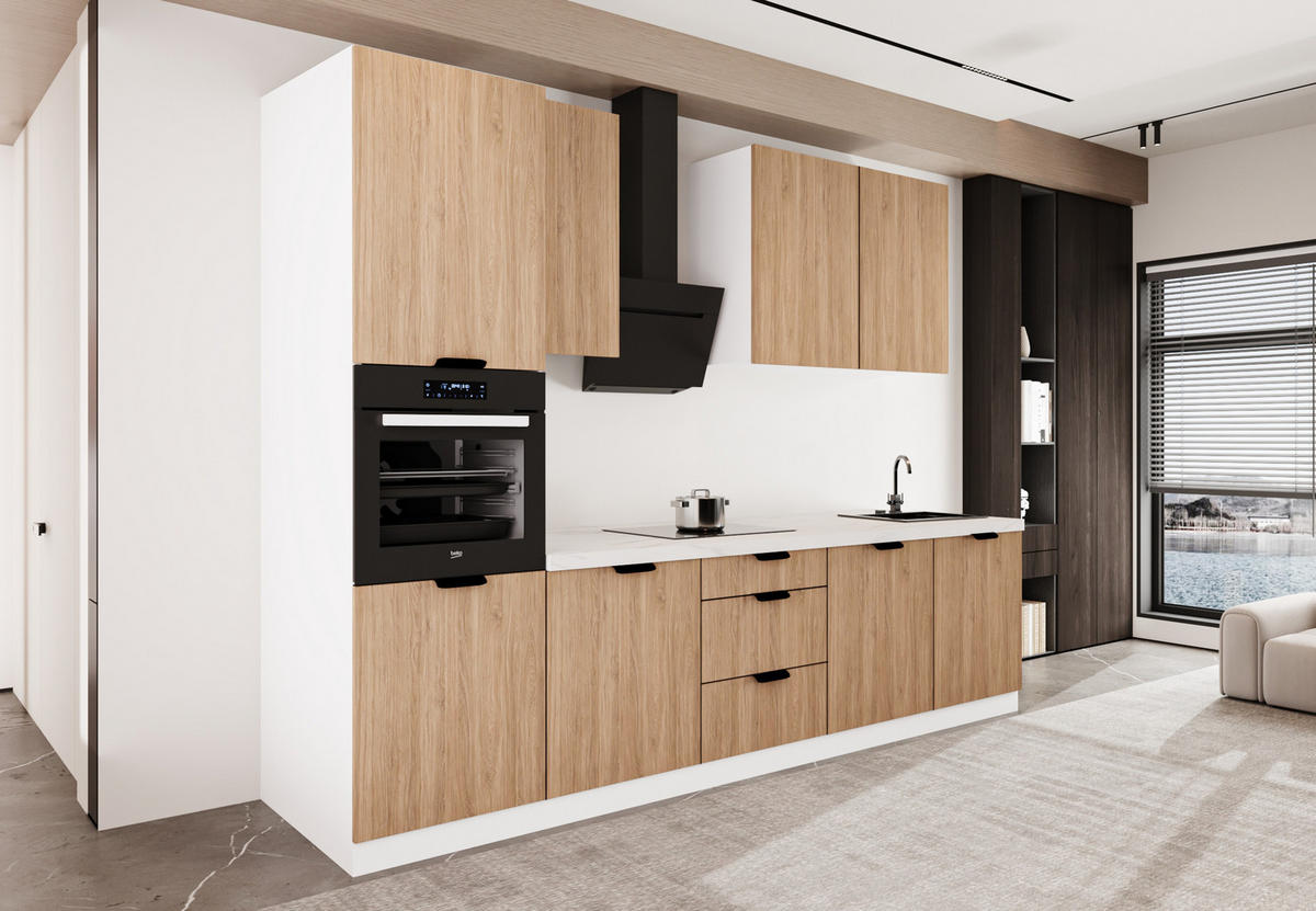 KÜCHENZEILE 300 cm - Sorento KS1-M300 - in Weiß/Sonoma Eiche - Beige/Schwarz, Holz (300/247/58cm)