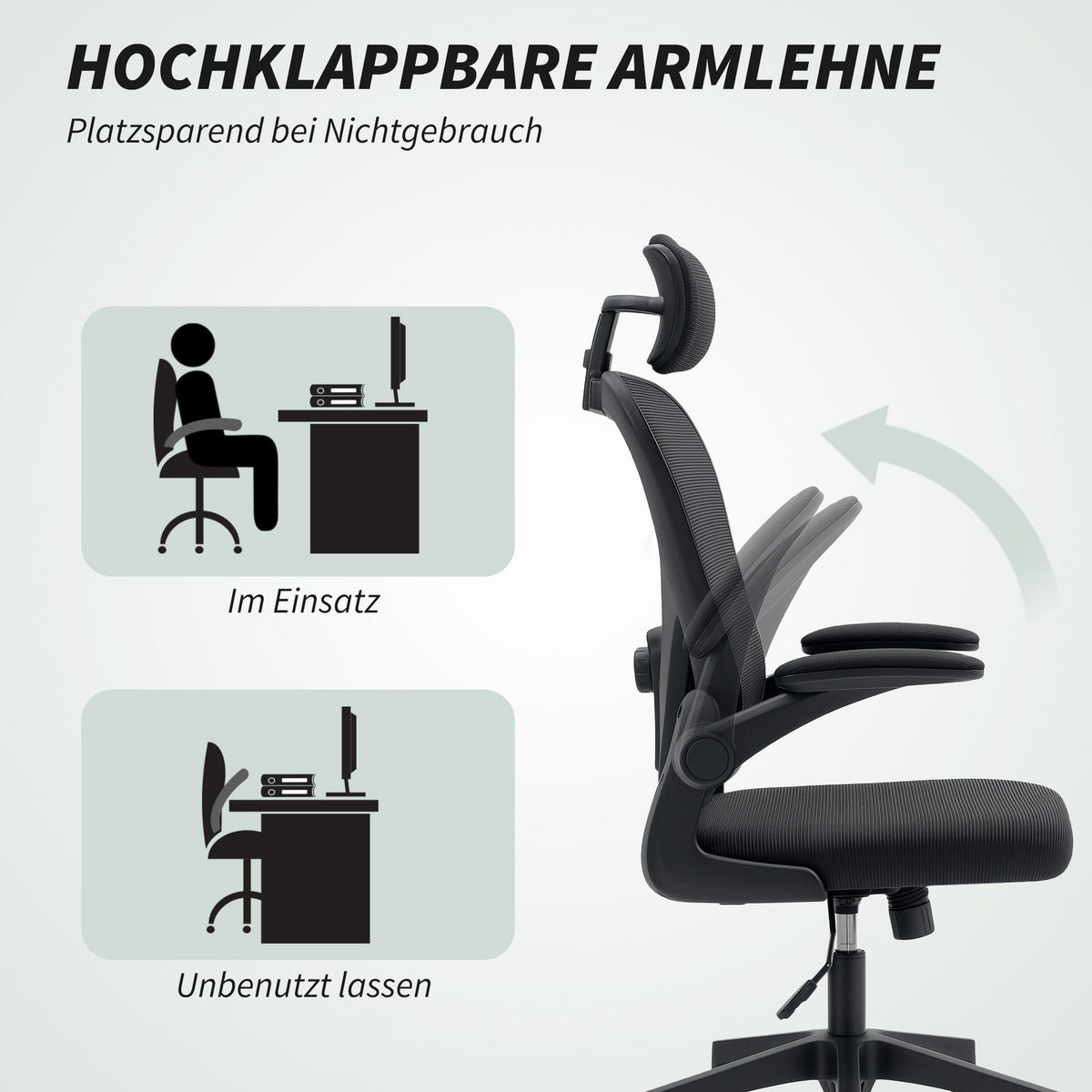 BÜROSTUHL Ergonomischer Schreibtischstuhl mit Hochklappbaren Armlehnen Schwarz - Schwarz, Kunststoff/Textil (58/125/63cm) - HOMCOM
