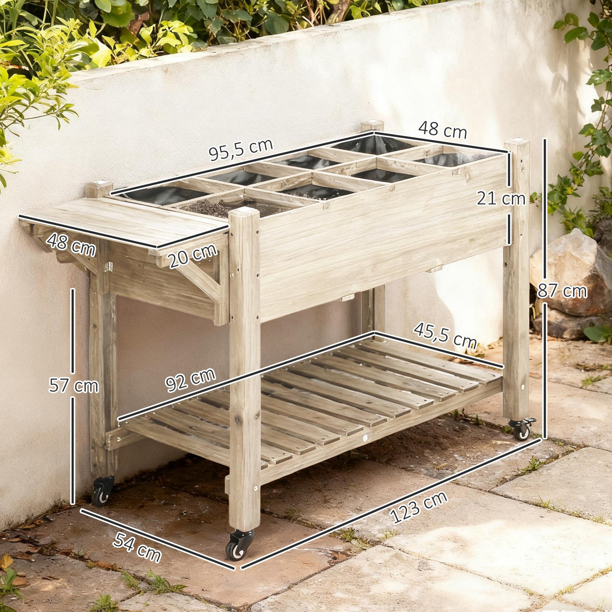 HOCHBEET DE-15989 rollbar mit klappbarem Seitentisch Naturholz - Naturfarben, Holzwerkstoff (123/87/54cm) - ComfortXL