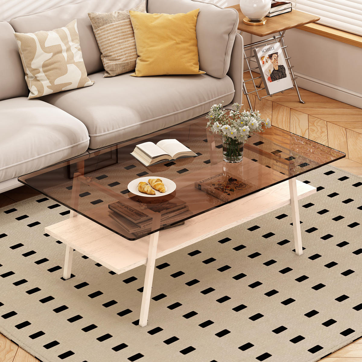 COUCHTISCH DE-37413 rechteckig mit Glasplatte Weiß - Weiß, Holzwerkstoff (98/58/42.5cm) - ComfortXL
