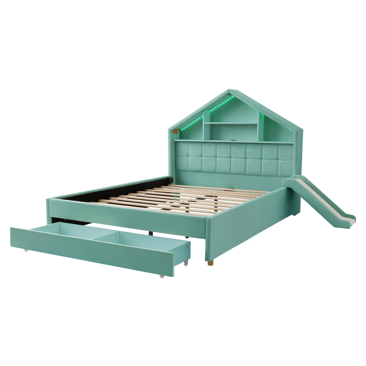 SPIELBETT 140/200 cm mit Rutsche und LED, DE-41740, in Blaugrün - Türkis, Holzwerkstoff (140/200cm) - ComfortXL