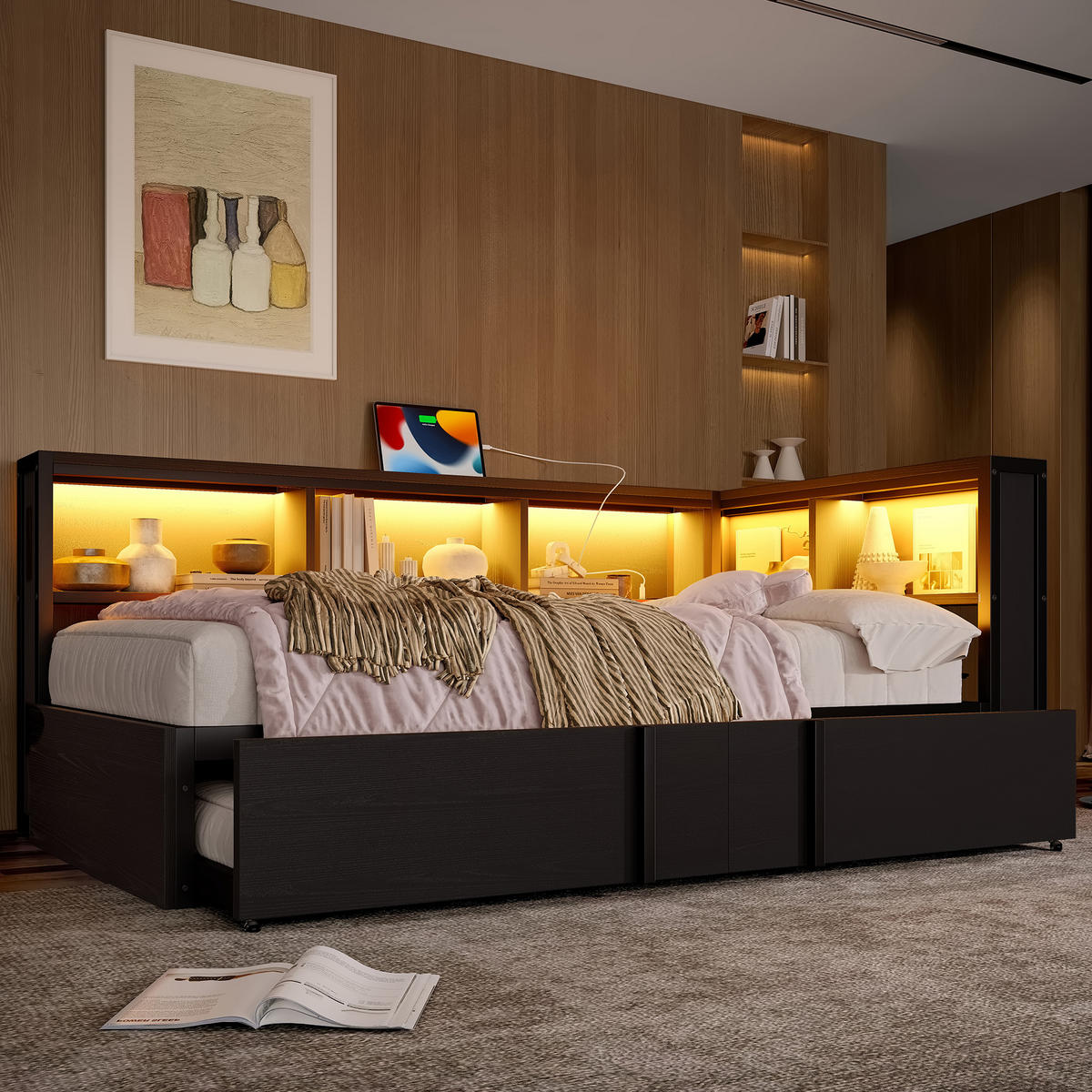 AUSZIEHBETT 90/200 cm DE-03418, mit Stauschränken, LED und USB, in Schwarz - Schwarz, Holzwerkstoff/Metall (90/200cm) - ComfortXL