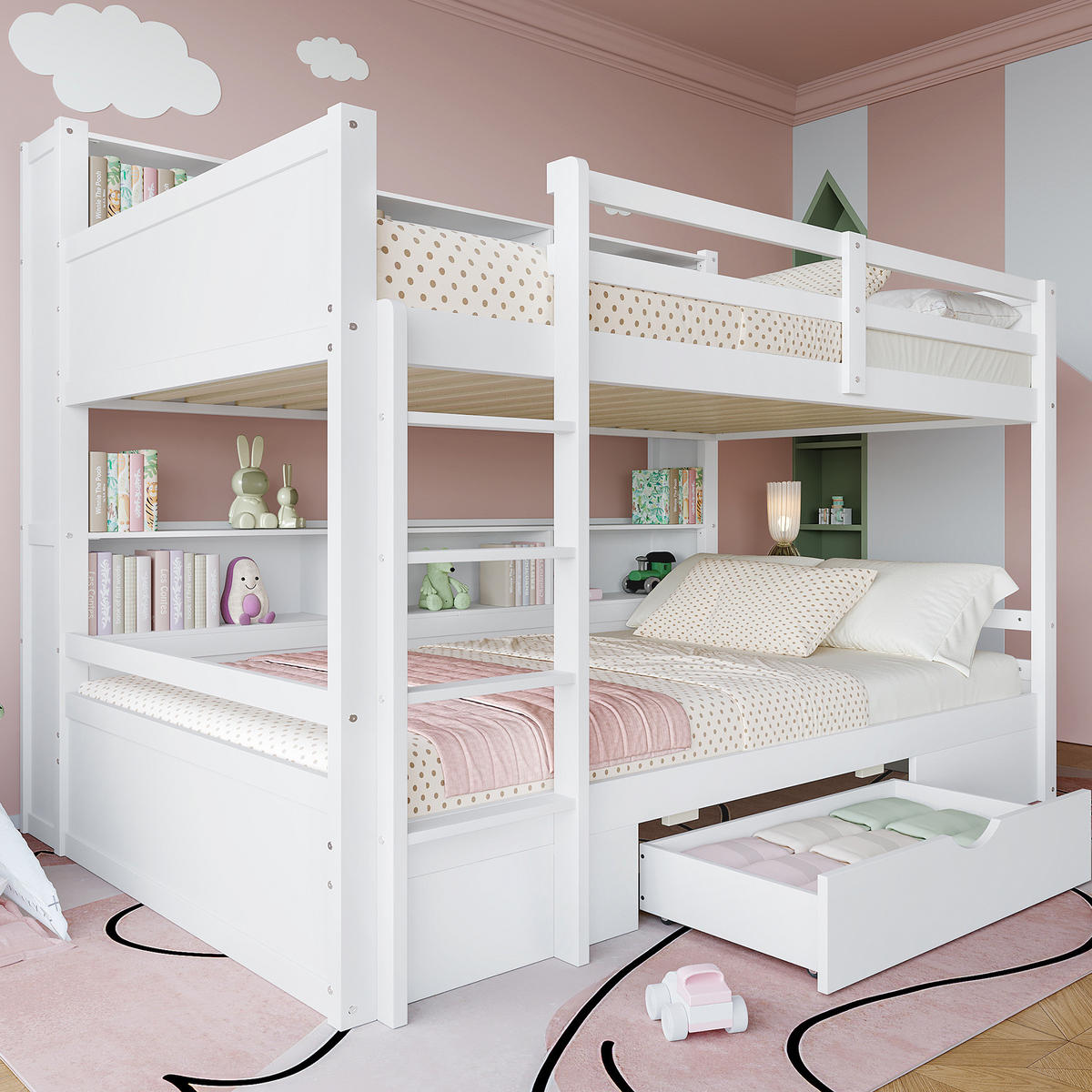 ETAGENBETT 90/200 cm aus Kiefer und MDF mit Schublade und Ablagefächern Weiß - Weiß, Holz (90/200cm) - Modenvie