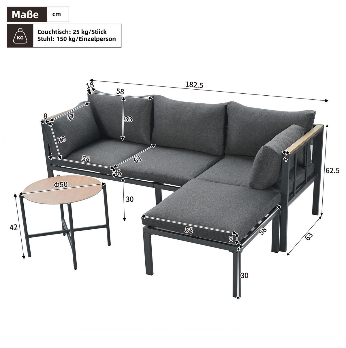 GARTENMÖBEL-SET mit Couchtisch und Hocker, verzinkter Stahlrahmen und Glastischplatte, Grau - Grau, Textil - Redom