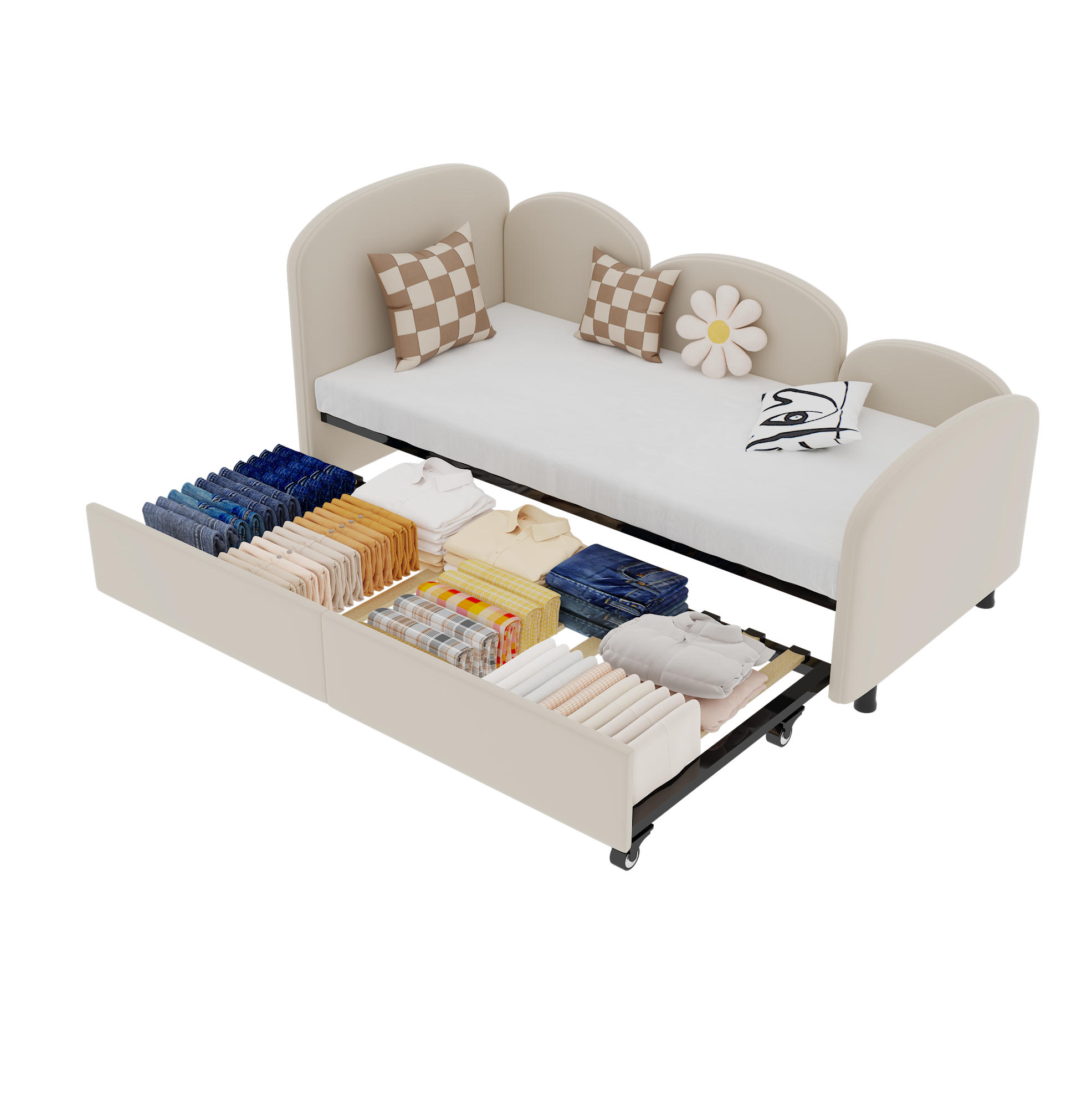 SAMT-POLSTERBETT 90/200 cm mit Stauraum und gepolsterten Bettseiten - Beige, Textil (90/200cm) - BEAOK