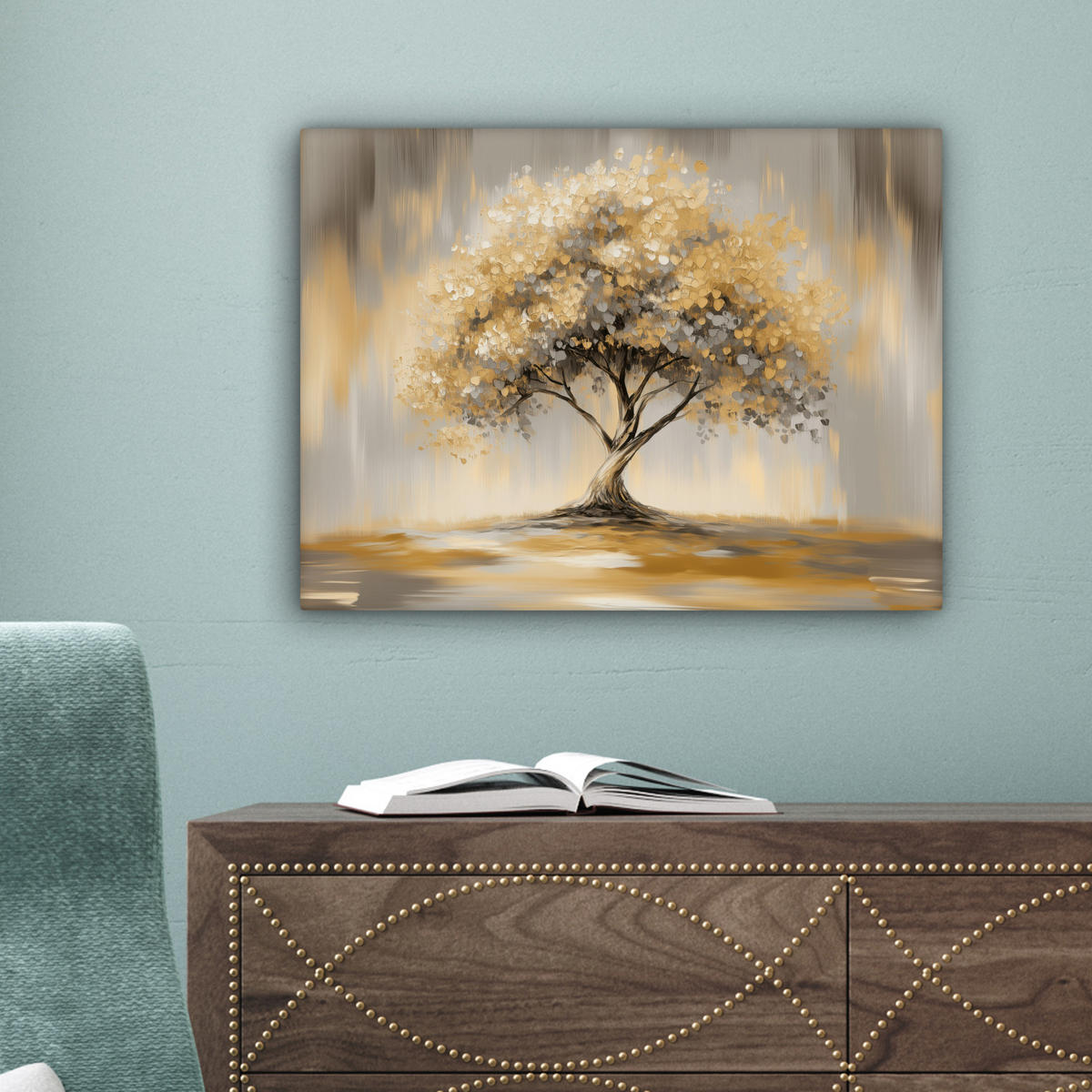 LEINWANDBILD Gemälde - Baum - Abstrakt - Blätter Wandbild 40x30 cm - Beige, Textil (40/30cm) - MuchoWow
