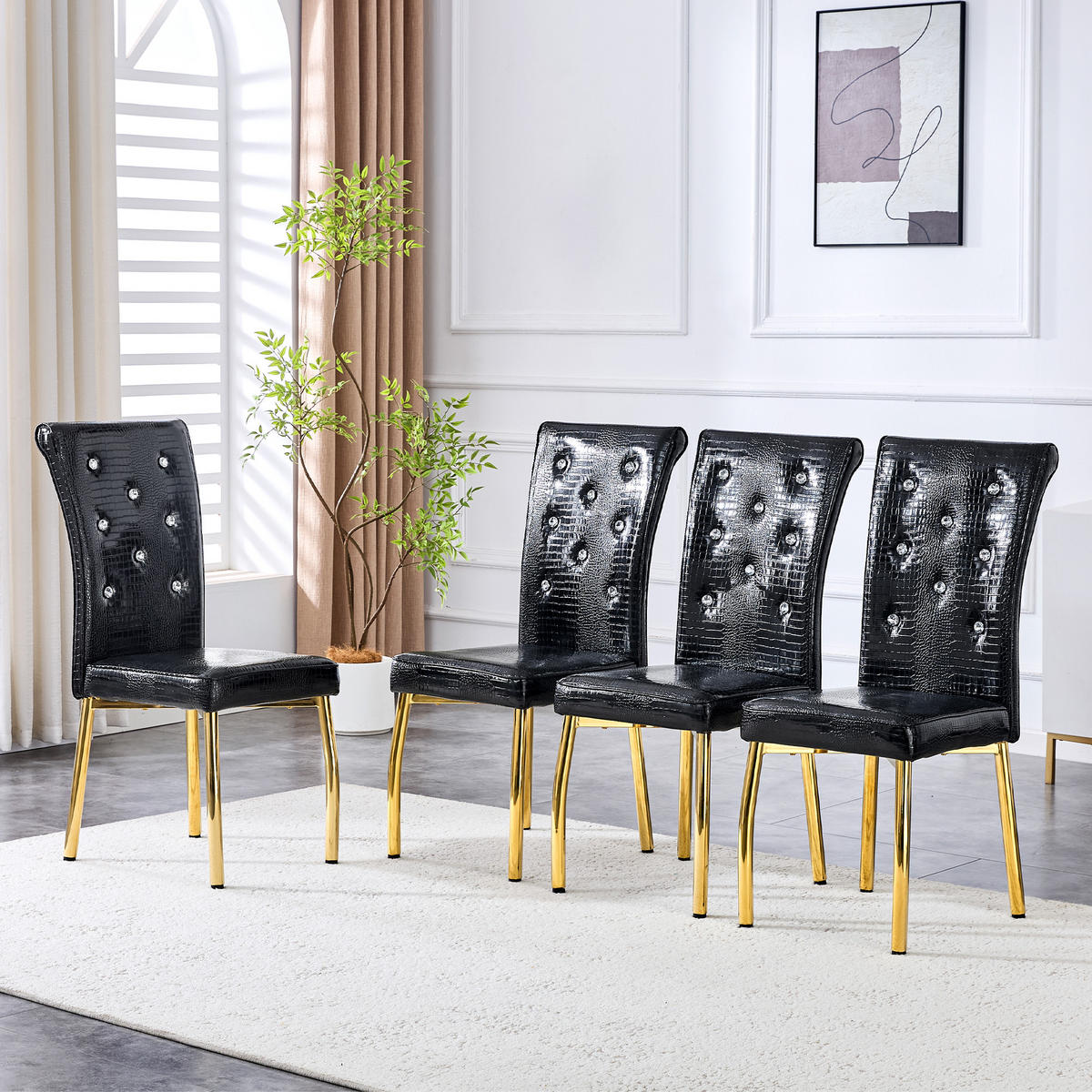 STUHL-SET DE-36774 4 Stück mit Krokodil-Prägung und vergoldeten Metallbeinen Schwarz - Schwarz, Metall (42/101/61.5cm) - ComfortXL
