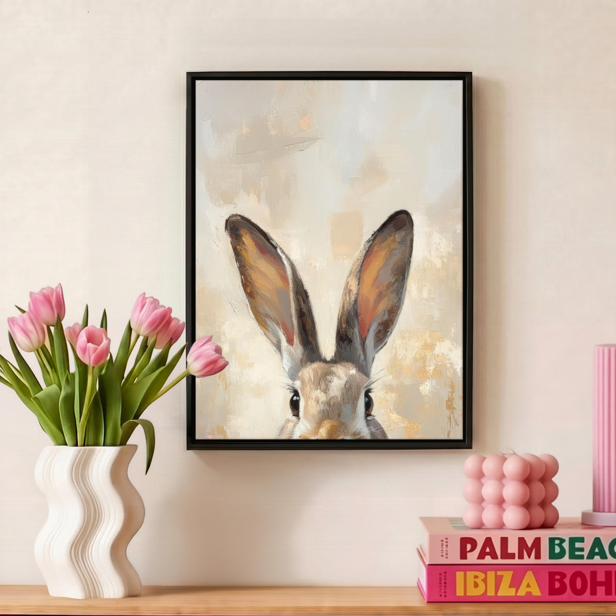 LEINWAND Bilder mit Rahmen - Hase - Ohren - Braun - 30x40 - Beige, Textil (30/40cm) - MuchoWow