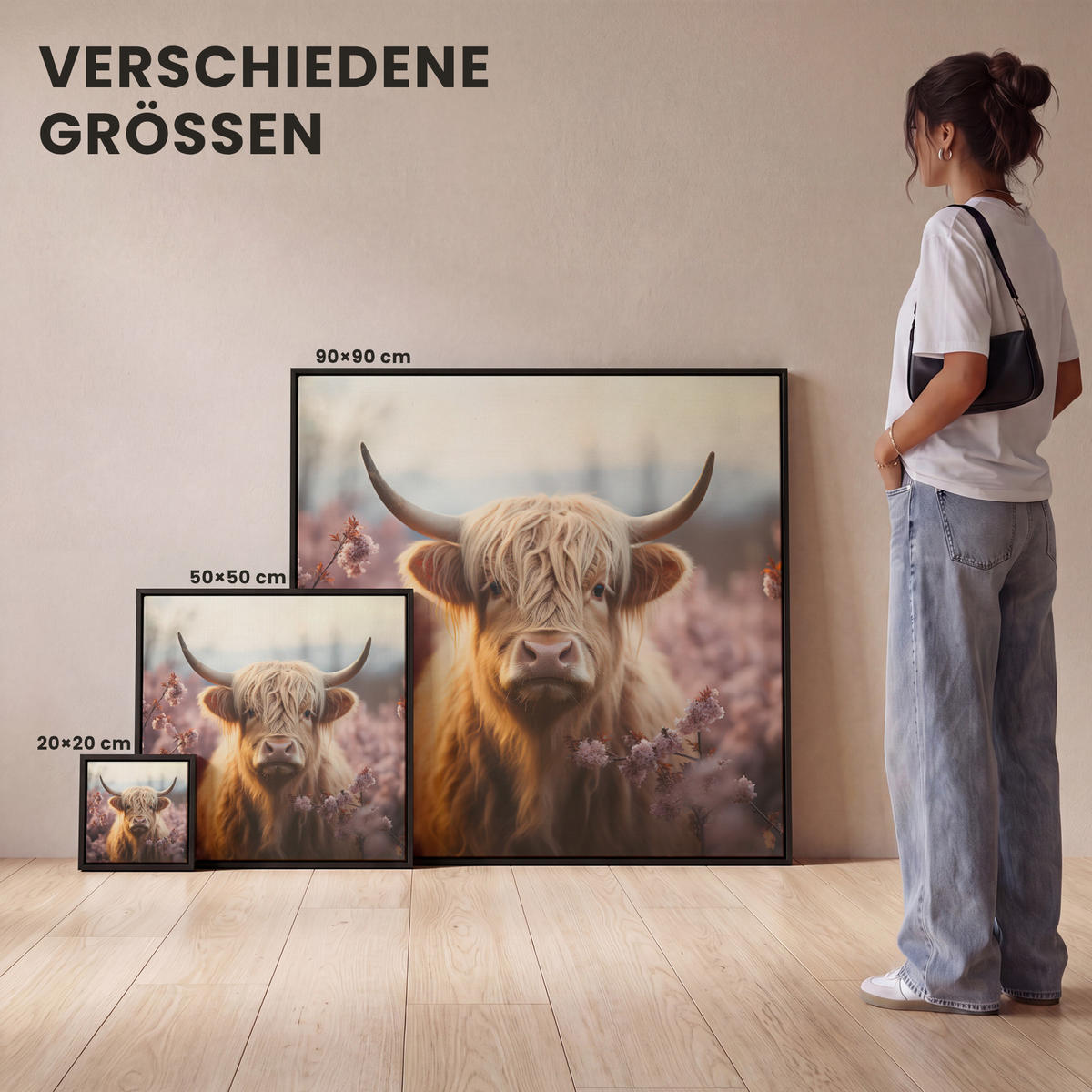 LEINWAND Bilder mit Rahmen - Schottischer Hochländer - Frühling - Hochland - 90x90 - Hellrosa, Textil (90/90cm) - MuchoWow