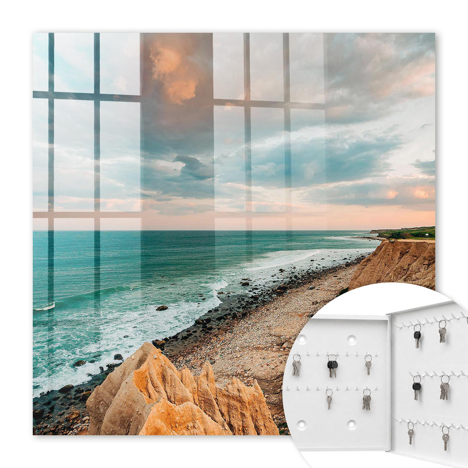 SCHLÜSSELBOX Weiß 30x30 cm – Türöffnung nach rechts - Klippen am Meer - Blau, Metall (30/30/5cm) - TULUP