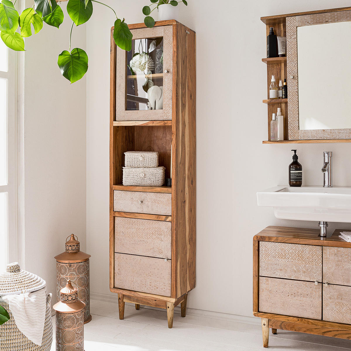 HOCHSCHRANK - Akazie massiv, Ecru / Akazie - Akaziefarben, Holz (45/180/30cm) - home24