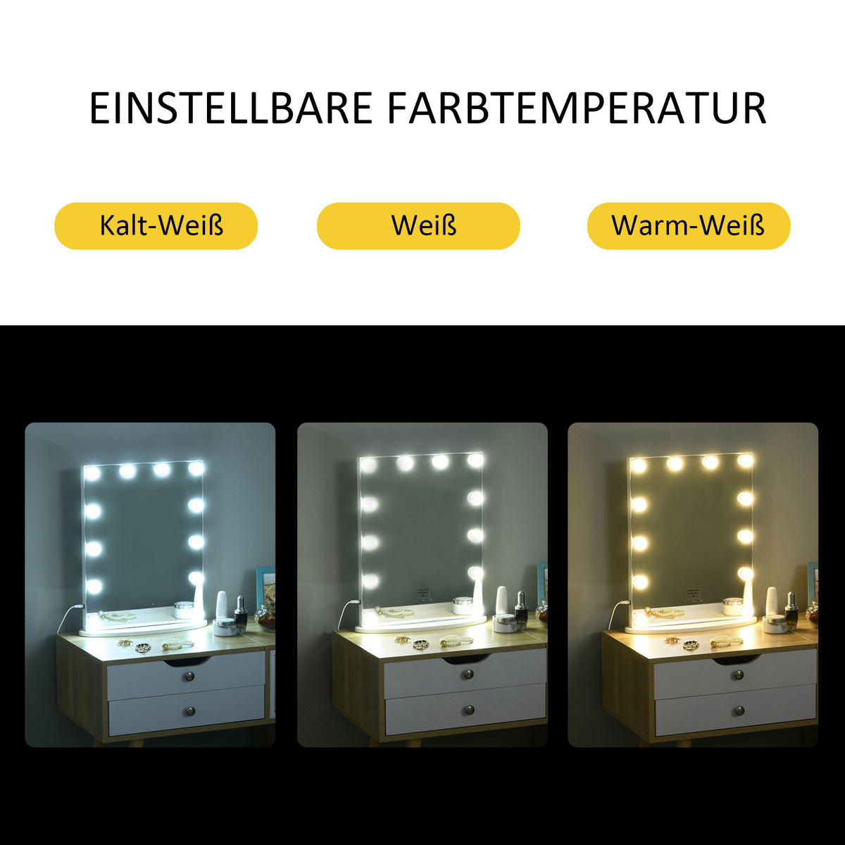 HOLLYWOOD Spiegel Schminkspiegel für Schminktisch Theaterspiegel mit 3-Licht - Weiß, Glas (13.5/51/41.5cm) - HOMCOM