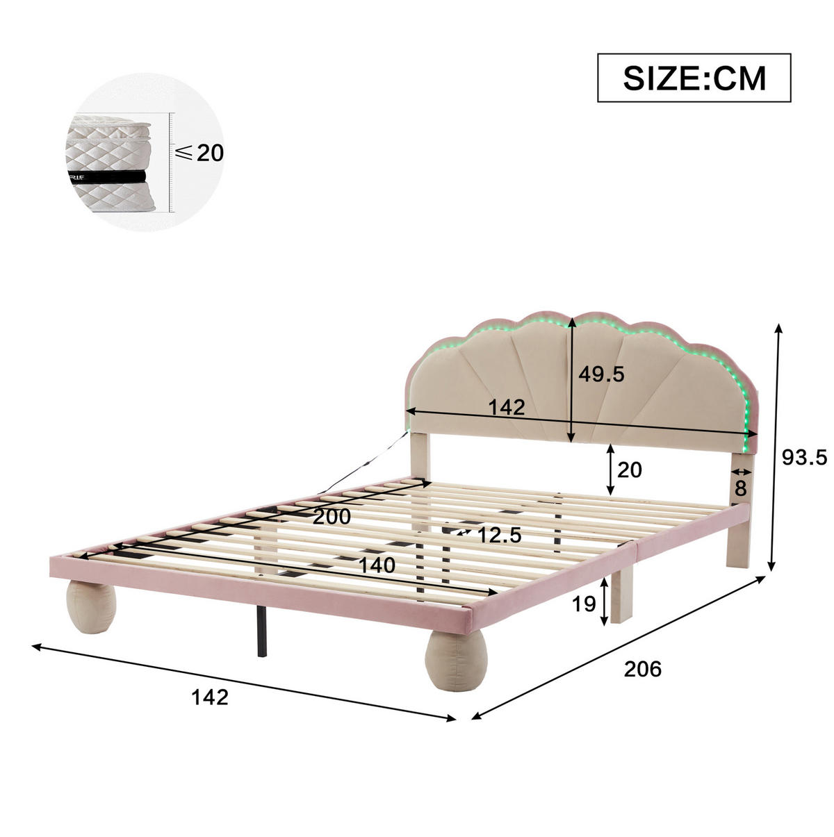 ČALÚNENÁ posteľ 140/200 cm s viacfarebnými svetelnými pásmi, vlnitým čelom a polstrovanými nohami, Sametová, Béžová+Ružová - béžová, textil (140/200cm) - Redom