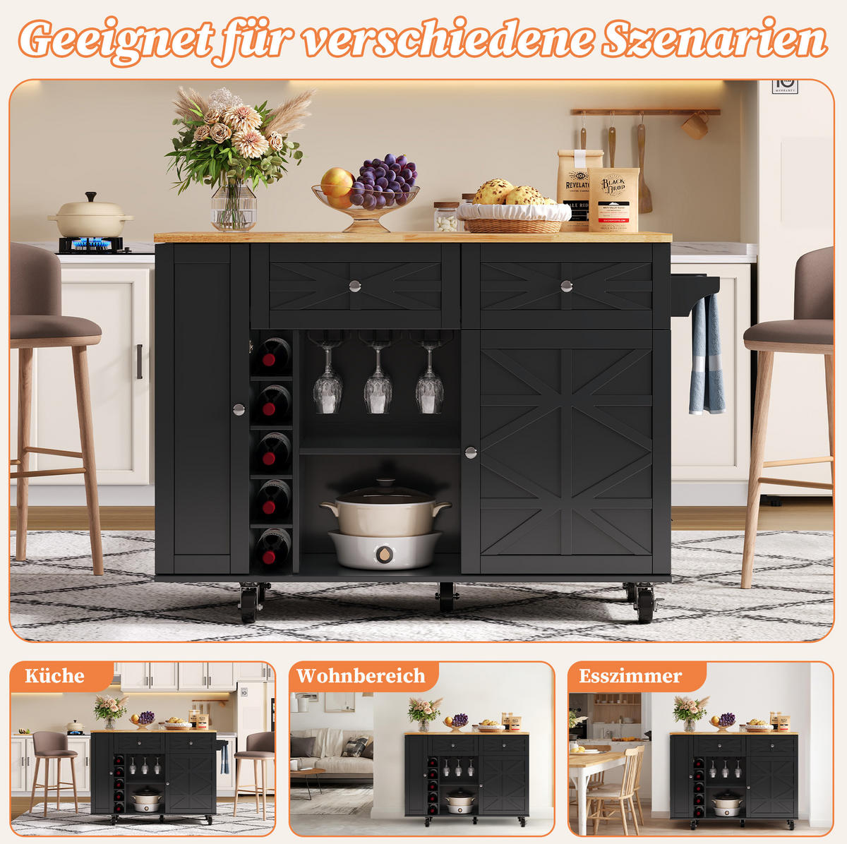 KÜCHENINSEL 120x70x89cm Schwarz mit Klappplatte,Weinregal & Schubladen - Schwarz, Holzwerkstoff (120/89/70cm) - Modfu