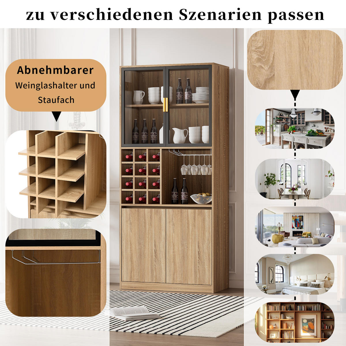 VITRINE mit Weinregal und LED - Hellbraun, Glas/Holzwerkstoff (40/180/80cm) - Urban Meuble