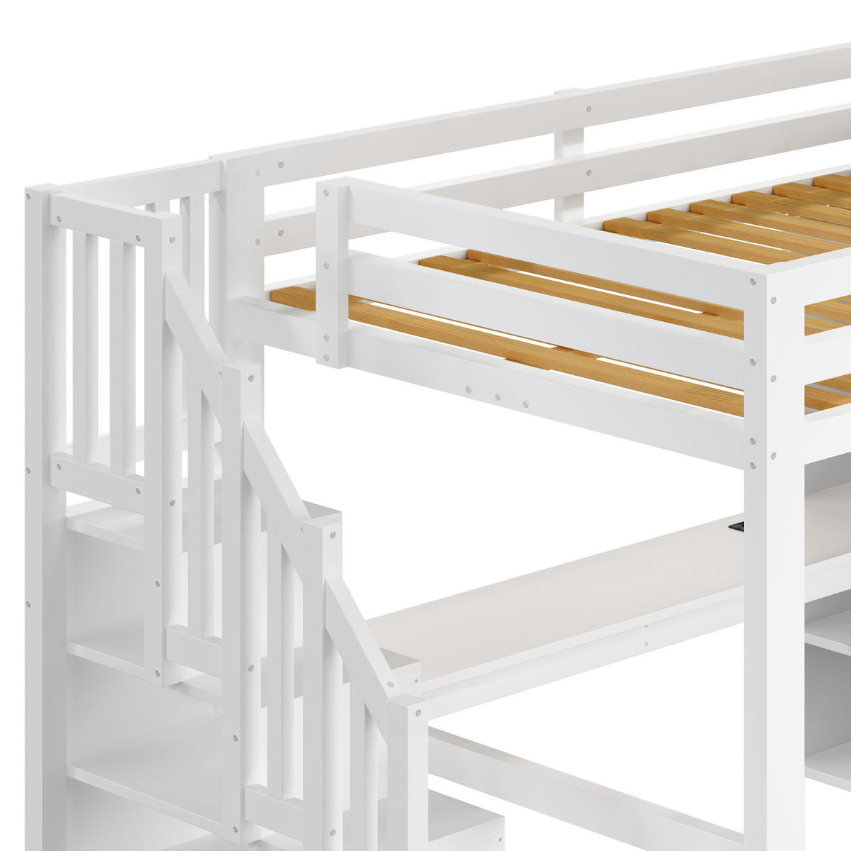 HOCHBETT 140/200 cm DE-03374, mit Schreibtisch, Kleiderschrank, Stauraumtreppe und LED, in Weiß - Weiß, Holz/Holzwerkstoff (140/200cm) - ComfortXL