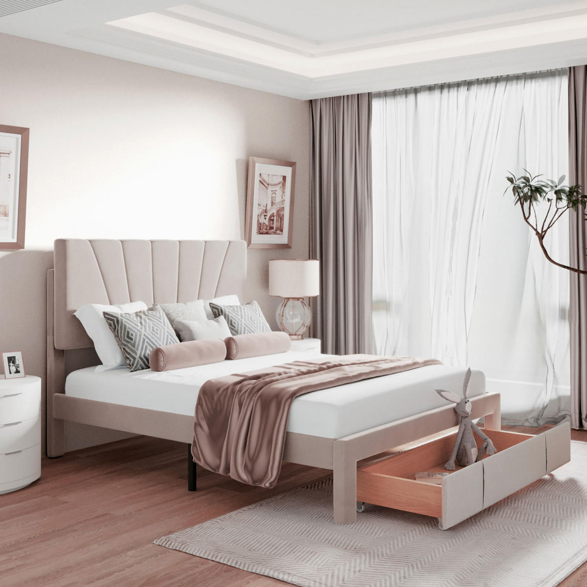 POLSTERBETT 140 x 200 Doppelbett mit Schublade,Bett aus Samtstoff - Grau, Holz/Textil (140/200cm) - PARAFTA HOME