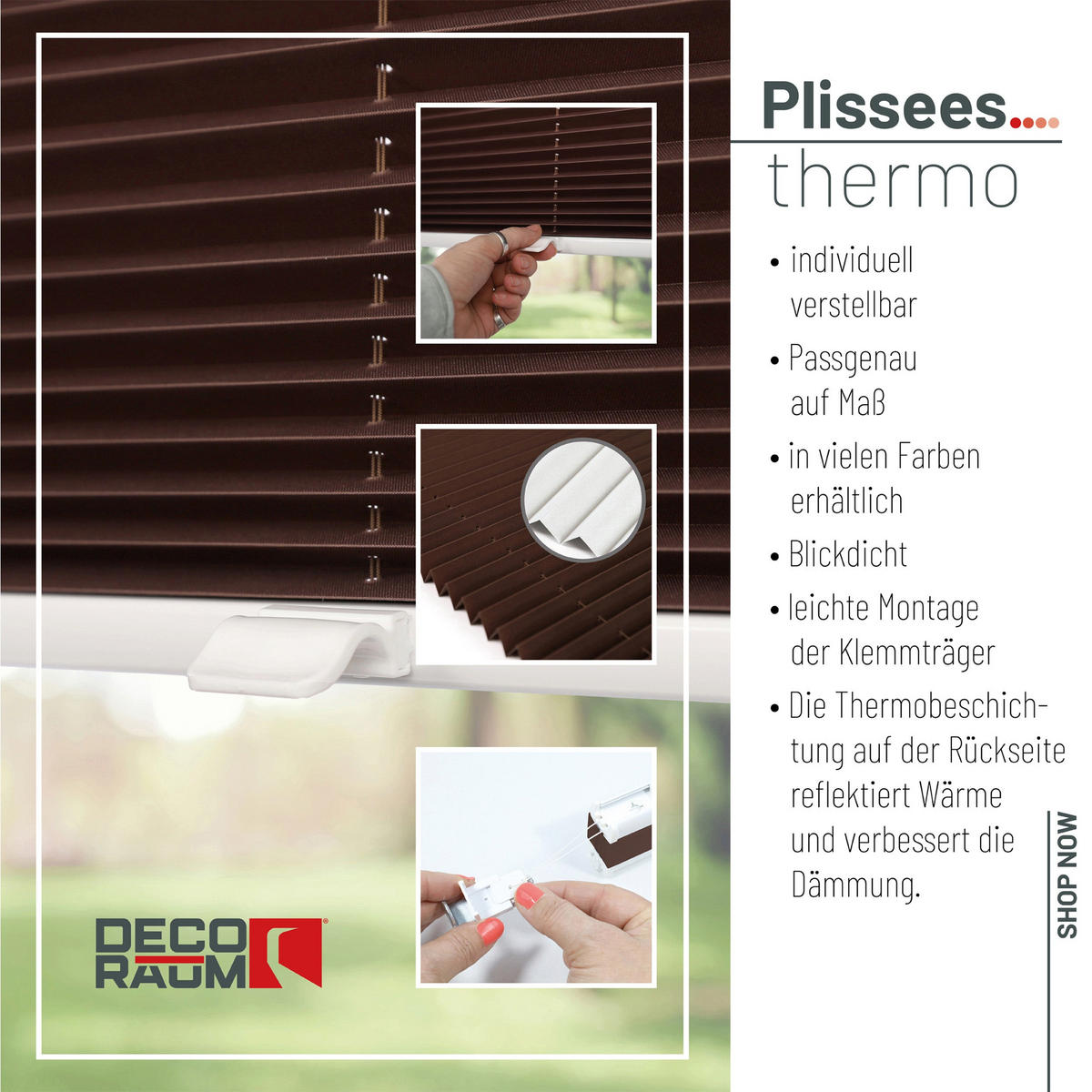 PLISSEE Thermo Basic 75 x 210cm Klemmfix ohne Bohren - Dunkelbraun, Textil (75/210/210cm) - Deco-Raum