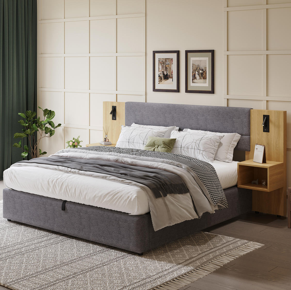 POLSTERBETT 160/200 cm aus Samt mit USB-Anschluss Beleuchtung und 2 Nachttischen Grau und Natur - Naturfarben, Textil (160/200cm) - Modenvie