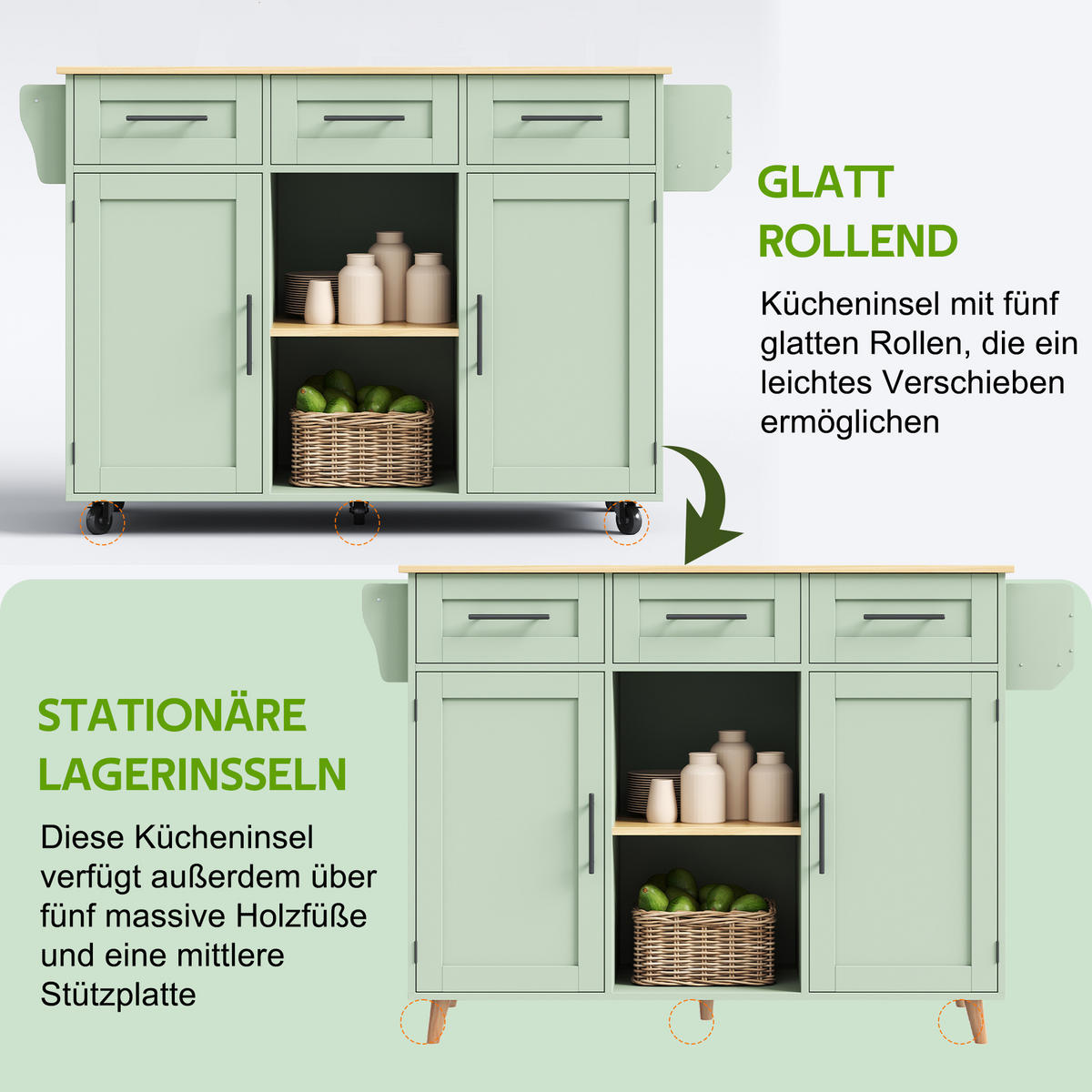 KÜCHENINSEL Antikgrün aus MDF mit klappbarer Erweiterungsplatte 139 × 46 × 91,5 cm - Grün, Holzwerkstoff (139/91.5/71cm) - Luhomfu