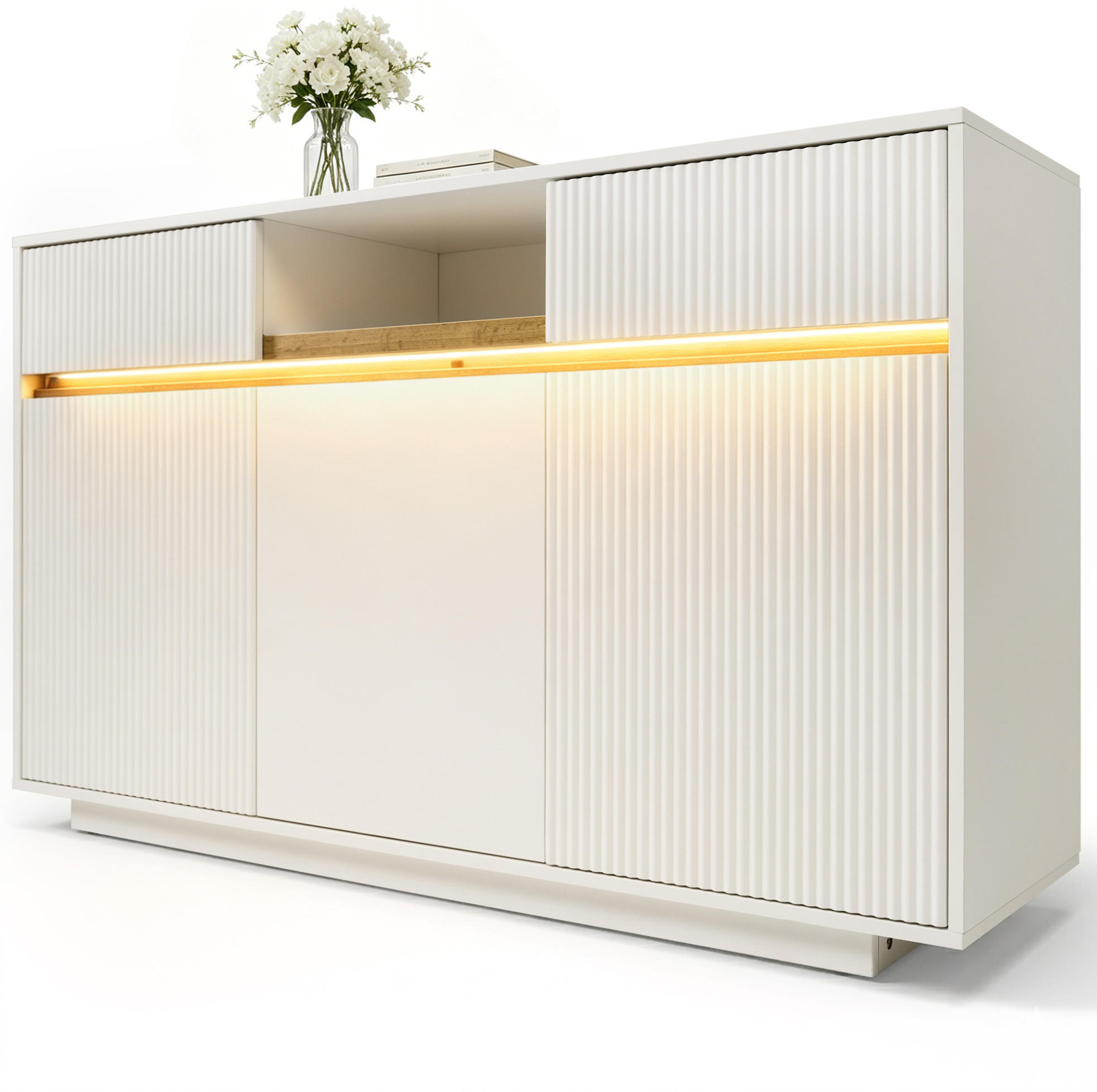 SIDEBOARD 140/40/85 cm in Weiß mit LED, 2 Schubladen und 3 Türen - Weiß, Holz (140/85/40cm) - BEAOK