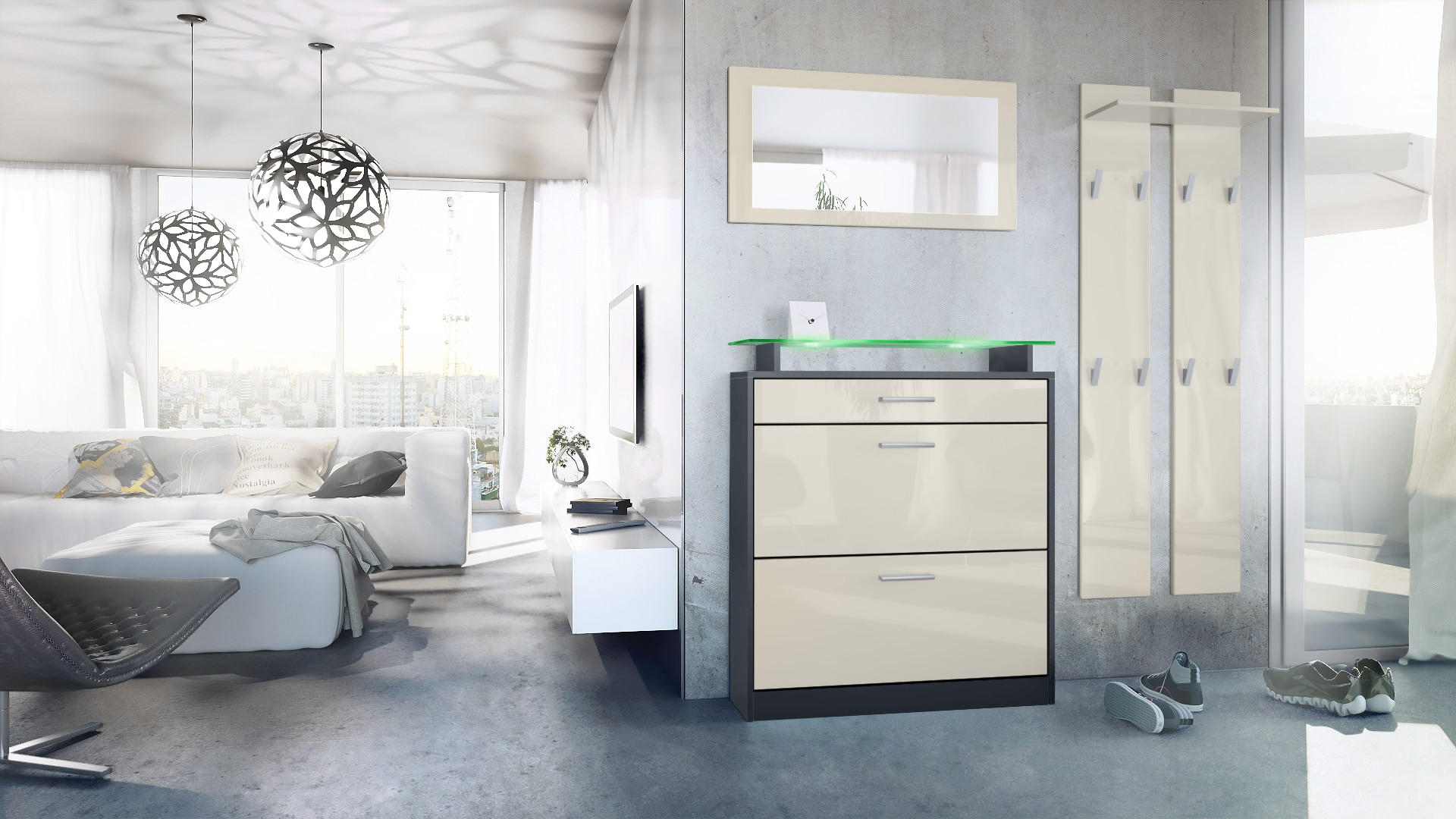 GARDEROBE Loret Front in Creme Hochglanz - Creme, Holzwerkstoff (180/200/23cm) - Vladon