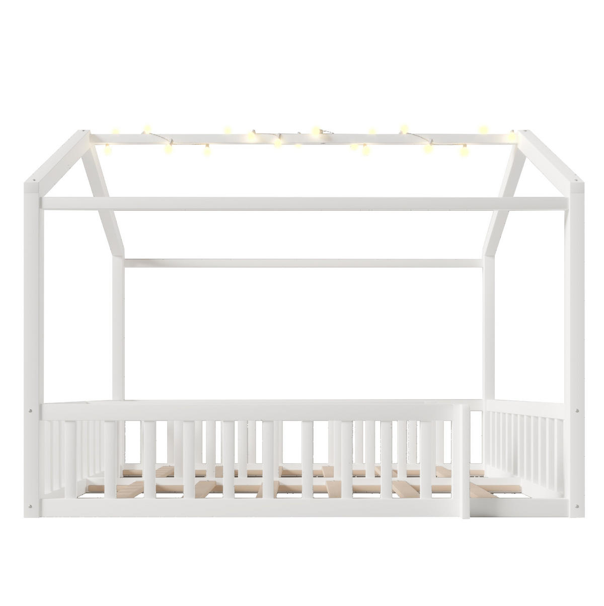 KINDERBETT aus Kiefernholz 90x190/180x190 cm Weiß mit Schutzgitter, Hausrahmen und LED-Beleuchtung - Weiß, Holzwerkstoff (90/190cm) - IVMEU