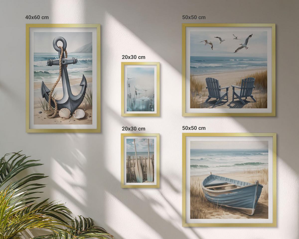 BILDER SET 5er Set - 50x50 cm & 20x30 cm & 40x60 cm Goldrahmen - Waldlandschaft, See Łódź - Goldfarben, Kunststoff (40/60cm) - TULUP