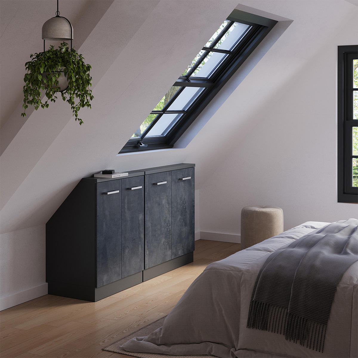 KUCHYŇSKÁ SKŘÍŇKA POD ŠIKMOU STŘECHU R-Line Černý beton/antracit - černá/antracitová, kompozitní dřevo (140/81.6/46cm) - Vicco