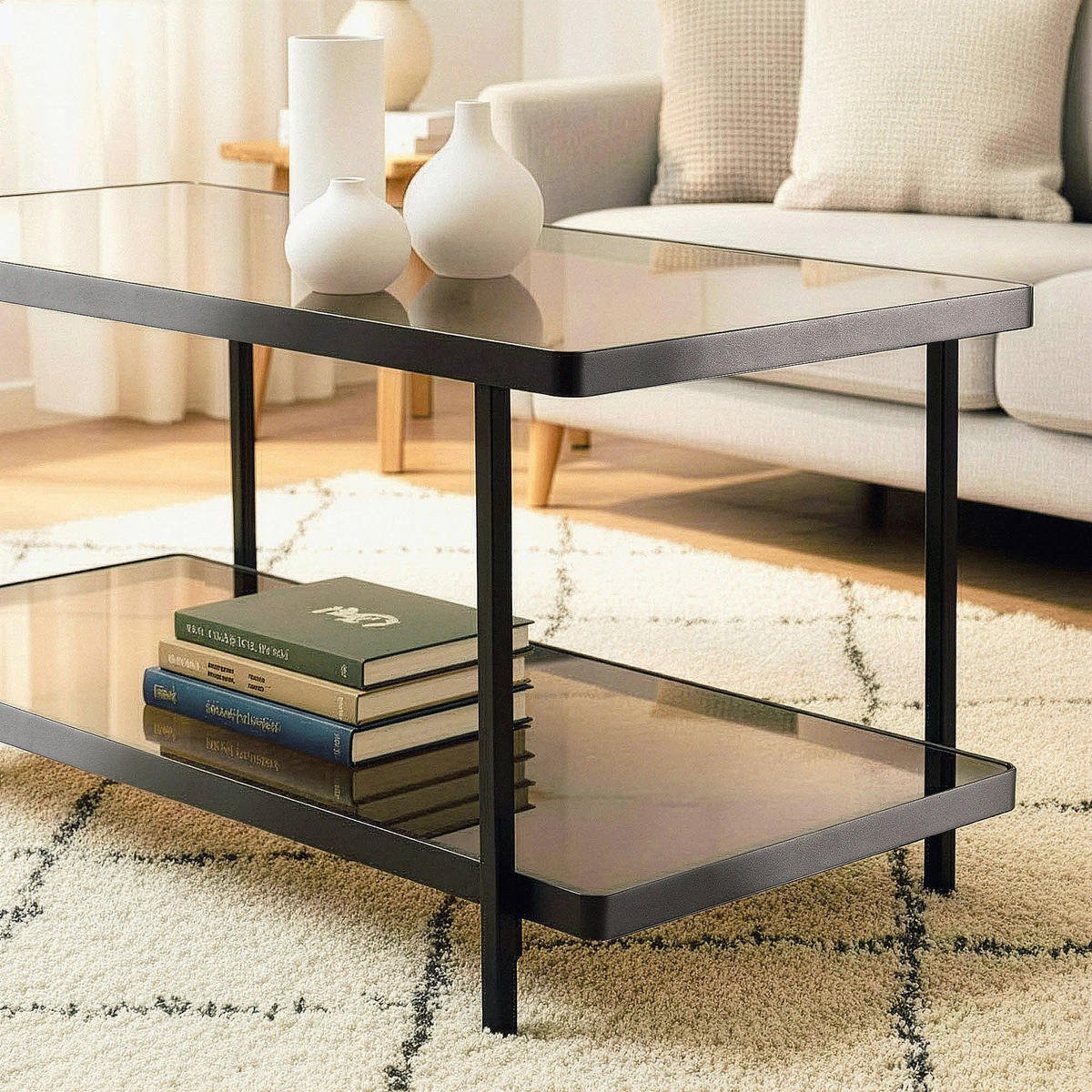 COUCHTISCH mit 2 rauchglas Platten 100/50/48 cm - Schwarz, Holzwerkstoff (61/50/48cm) - Calicosy