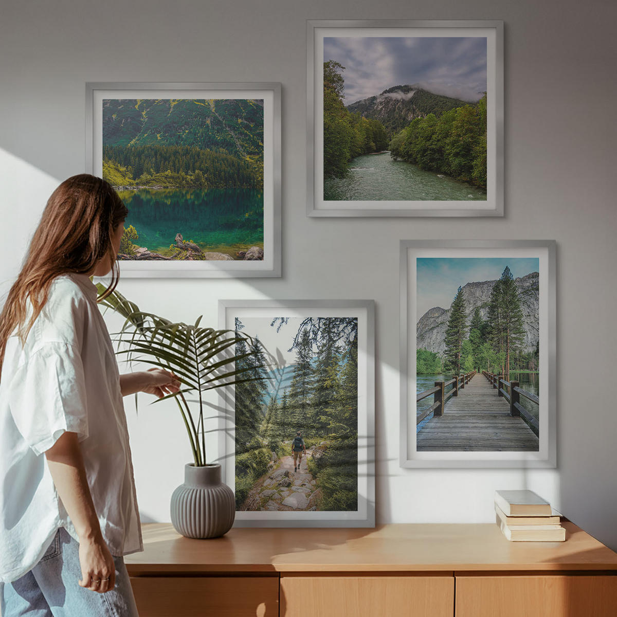 BILDER SET 4er Set - 50x50 cm & 40x60 cm Silberner Rahmen - Berge, Seen, Wälder, Wege - Silberfarben, Kunststoff (50/50cm) - TULUP