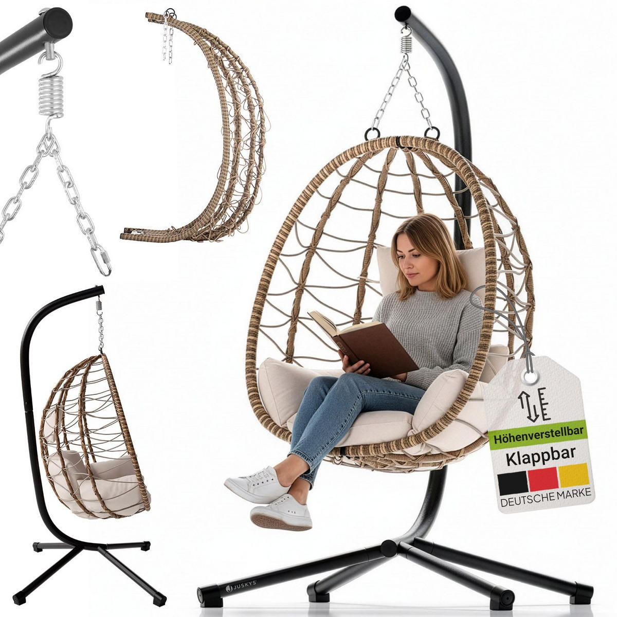 KORBHÄNGESESSEL Aria beige inkl. waschbare Bezüge - Beige, Kunststoff/Metall (95/196/95cm) - Juskys