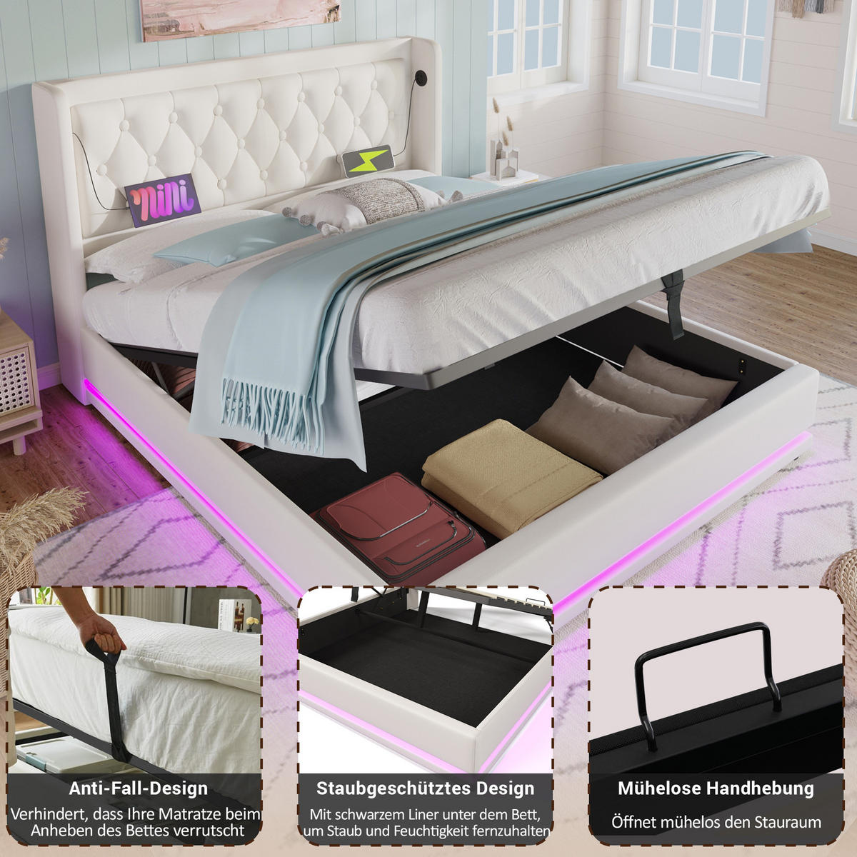POLSTERBETT 140/200 cm Weiß aus PU mit Stauraum, LED und USB-C - Weiß, Textil (140/200cm) - OKWISH
