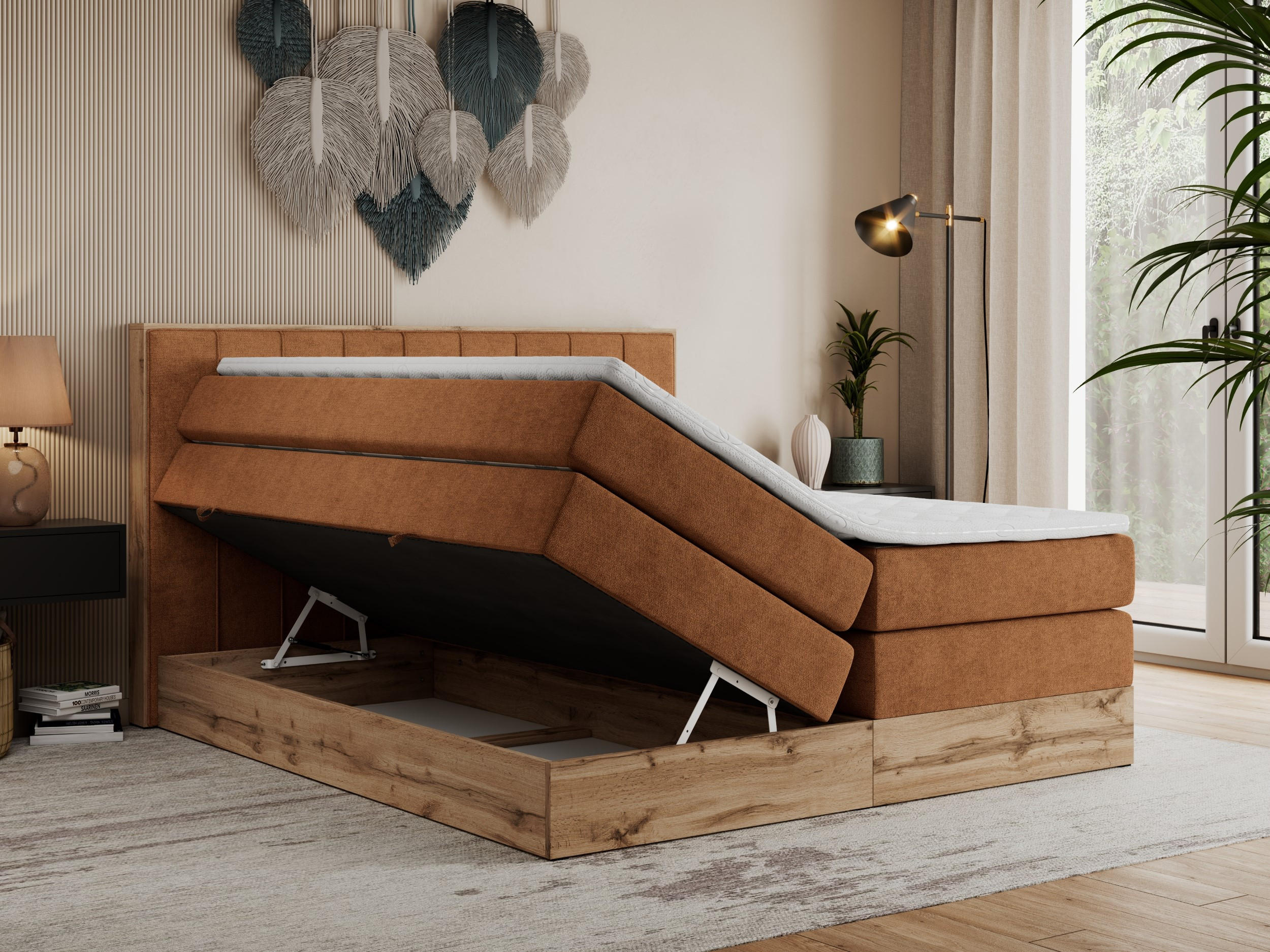 Thumbnail - MKS Boxspringbett, Orange, Textil, 2-Sitzer, H4, Rechteckig, 160x200 cm, Schlafzimmer, Betten, Boxspringbetten