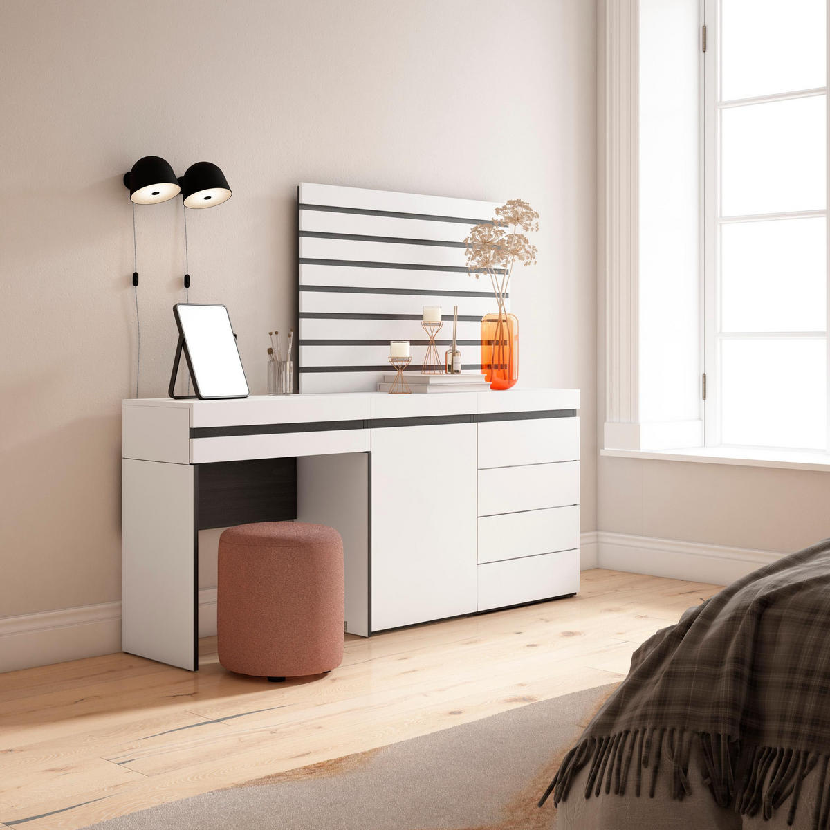SIDEBOARD mit Konsolentisch Lamellenwand Holz, weiß, 177/35/145 cm - Weiß, Holzwerkstoff (35/145/177cm) - Skraut Home