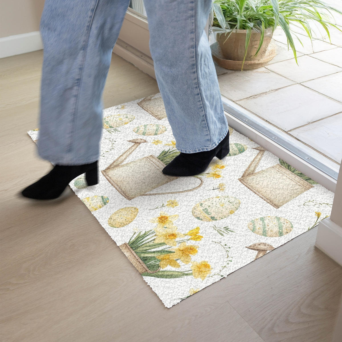 FUSSMATTE Gießkanne - Blumen - Eier 90x60 cm - Gelb/Weiß, Kunststoff (60/90cm) - MuchoWow