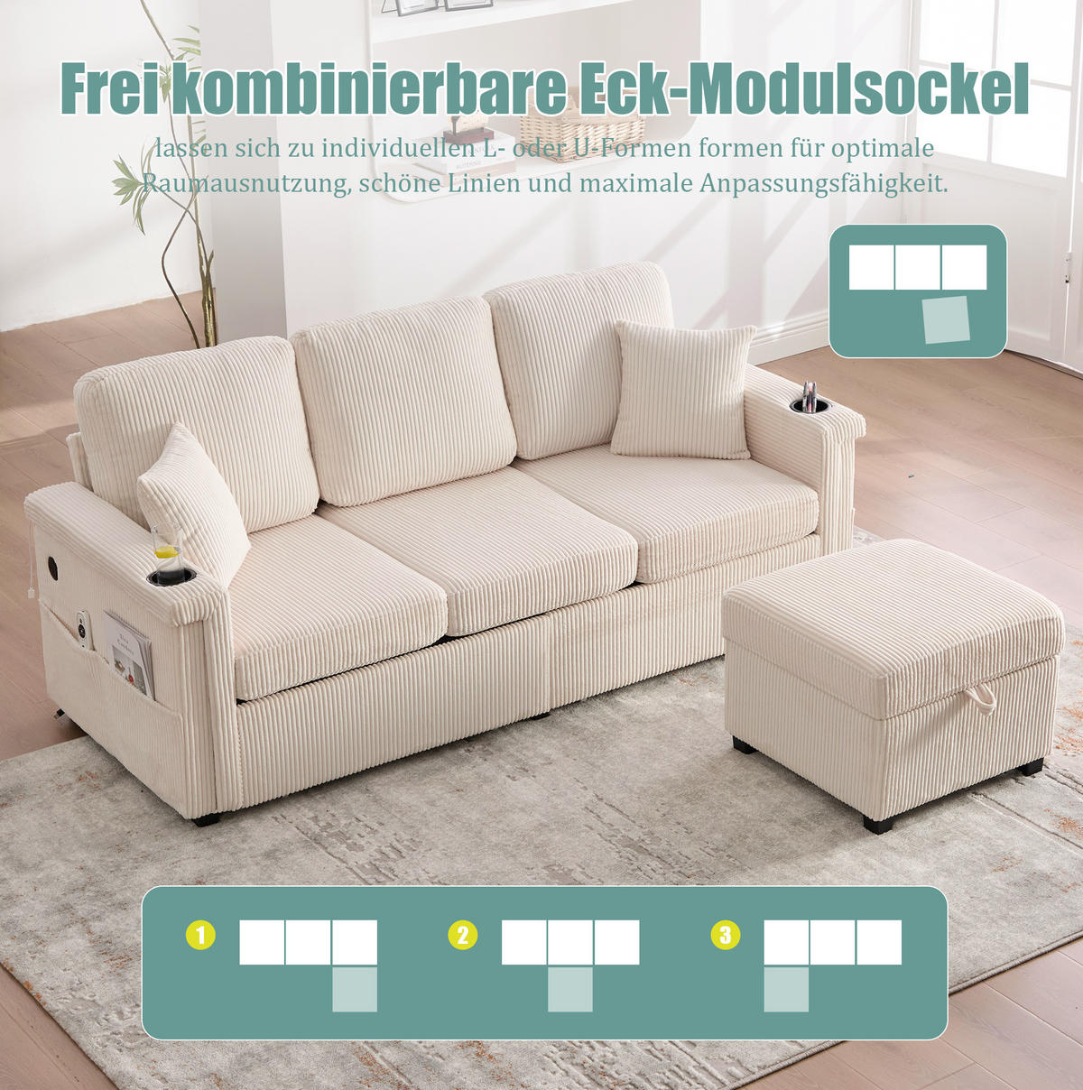 SOFA Corduroy mit LED und USB-Anschluss Stauraumschubladen auf Rollen 194/73/81 cm Beige - Beige, Textil (73/194cm) - Redom