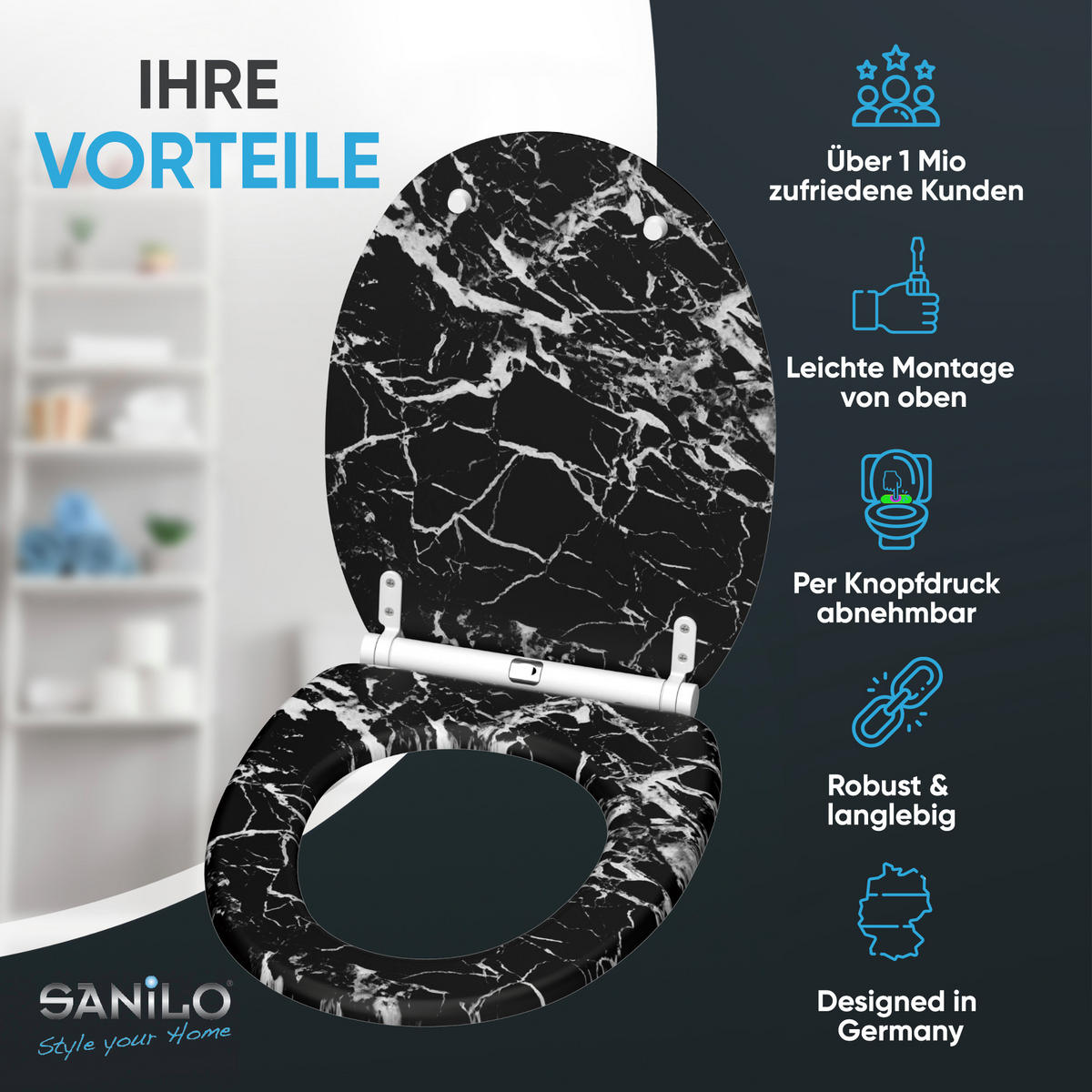 WC-SITZ mit Absenkautomatik & Top Fix Marmor Schwarz - Schwarz, Holzwerkstoff (37.7/5.5/48cm) - Sanilo
