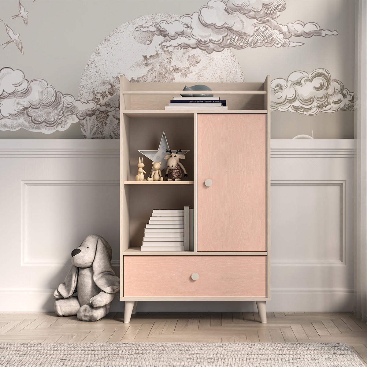 KNIHOVNA Alycia Béžová - Korálově růžová - Efekt dřeva - růžová, dřevo (80/132/40cm) - Petits-meubles