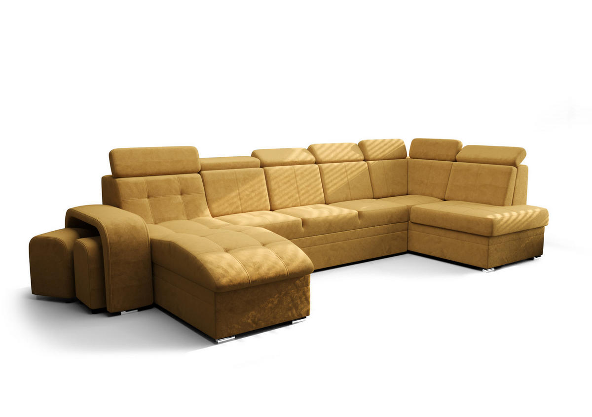 WOHNLANDSCHAFT KONGO RBN13, Eckcouch in U-Form mit Schlaffunktion, Farbe: Gelb, Velourstoff, Ottomane Links - Gelb, Textil (392/108/180cm) - O-Sofa