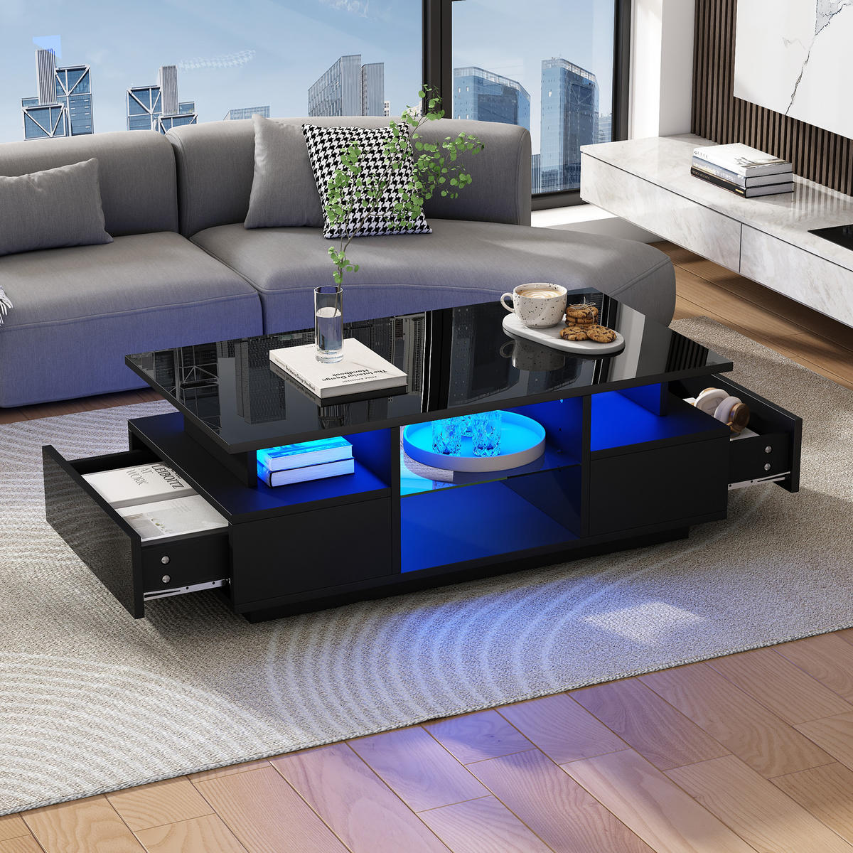 COUCHTISCH LED Schwarz 2 Schubladen Glas 100x50x36cm - Schwarz, Holzwerkstoff (100/50/36cm) - FLIEKS