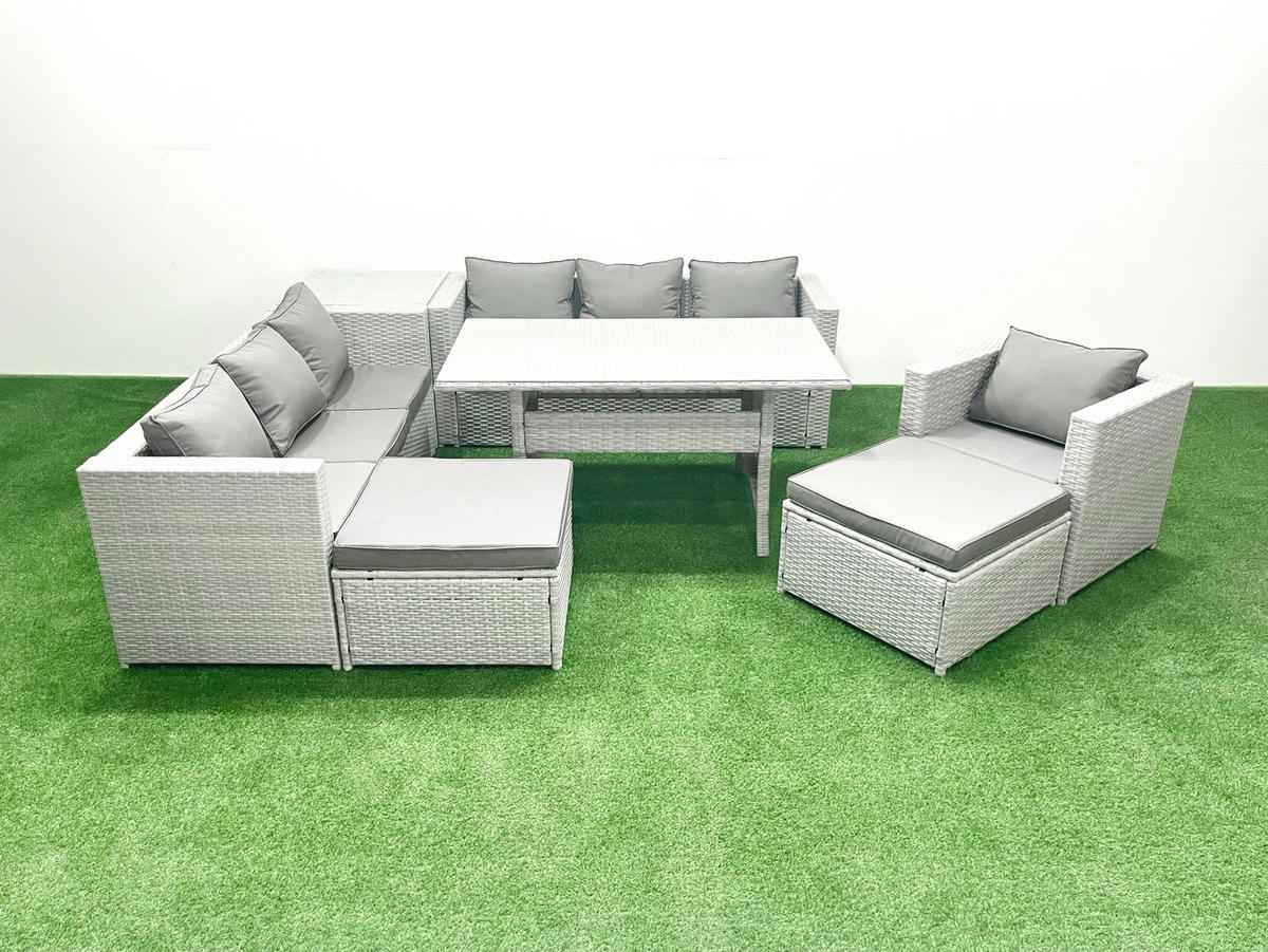 GARTENMÖBEL SET mit 3-Sitzer-Sofa und Sessel, Esstisch,2 Großer Hockern,Beistelltisch Polyrattan Hellgrau 9-Sitzer - Hellgrau/Grau, Glas/Kunststoff - Fimous