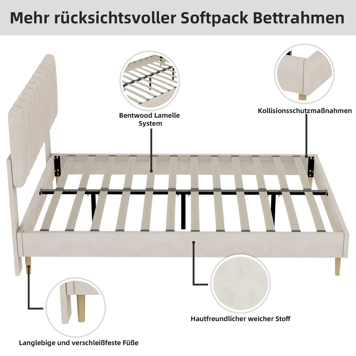 POLSTERBETT 140/200 cm in Beige Samt - Beige, Holzwerkstoff/Textil (140/200cm) - WISHDOR