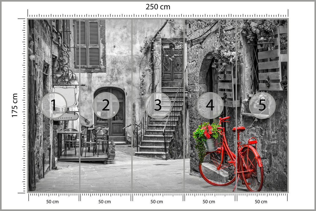 FOTOTAPETE für Wohnzimmer Italienische Gasse Rotes Fahrrad Toskana 250x175 - Rot/Schwarz, Papier (250/175cm) - Muralo