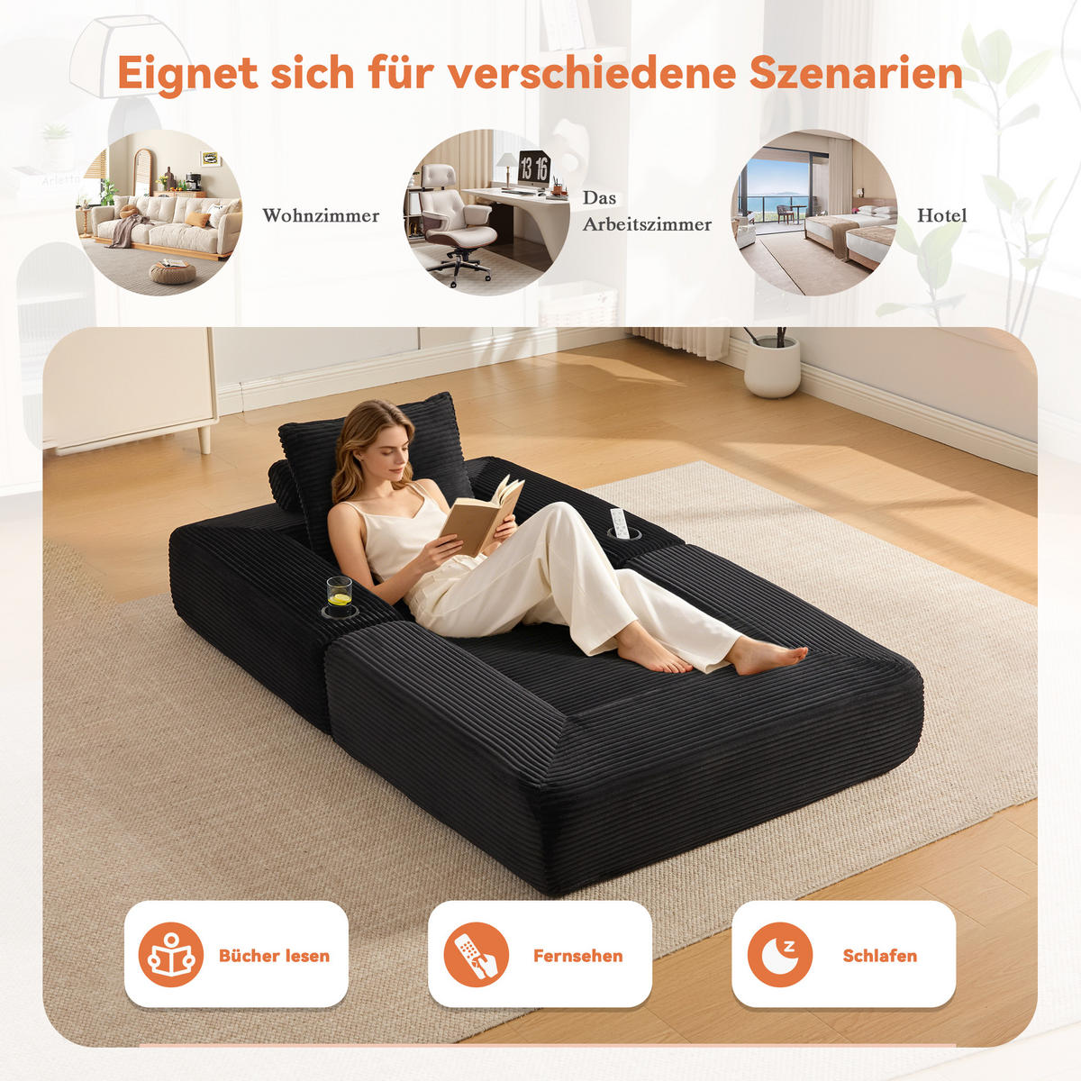 SCHLAFSOFA mit Schlaffunktion, Getränkehalter und Federkern aus Cord - Schwarz, Textil (122/80/98cm) - EVRYAE