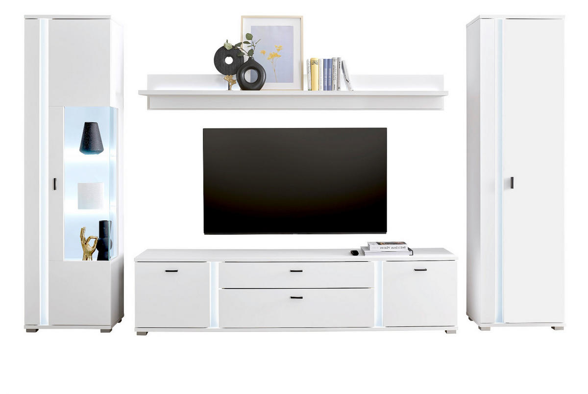 WOHNWAND weiß matt, Wohnkombination inklusive Frontbeleuchtung 330 x 200 cm - Weiß, Holzwerkstoff (330/200/42cm) - Furn.Design