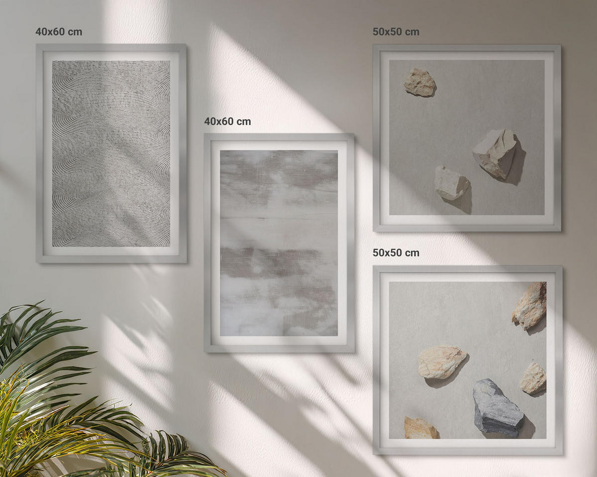 WANDBILDER 4er Set - 50x50 cm & 40x60 cm Silberner Rahmen - Moderne minimalistische Texturen - Silberfarben, Kunststoff (50/50cm) - ArtPrintCave