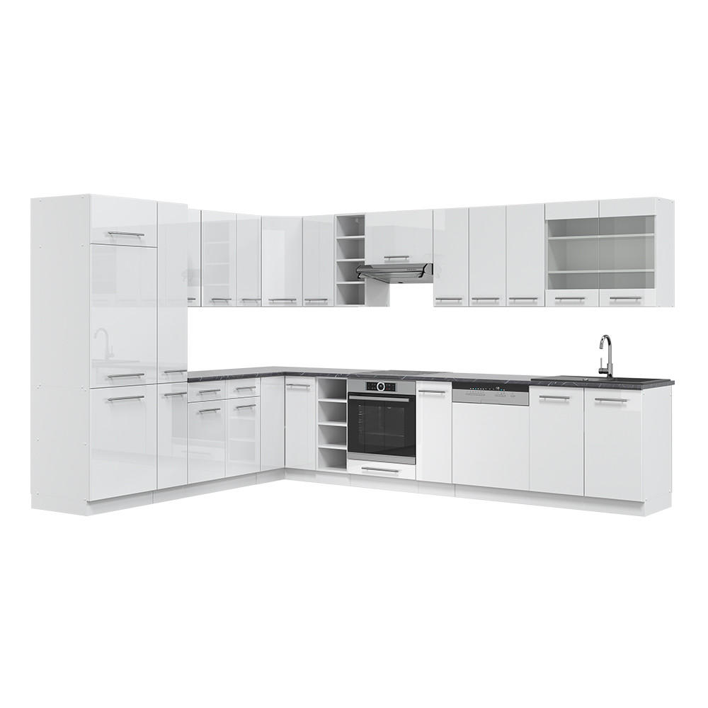 ECKKÜCHE Fame-Line Weiß Hochglanz/Weiß 347 x 257 cm ohne AP - Weiß Hochglanz/Weiß, Holzwerkstoff (347/81.6/46cm) - Vicco